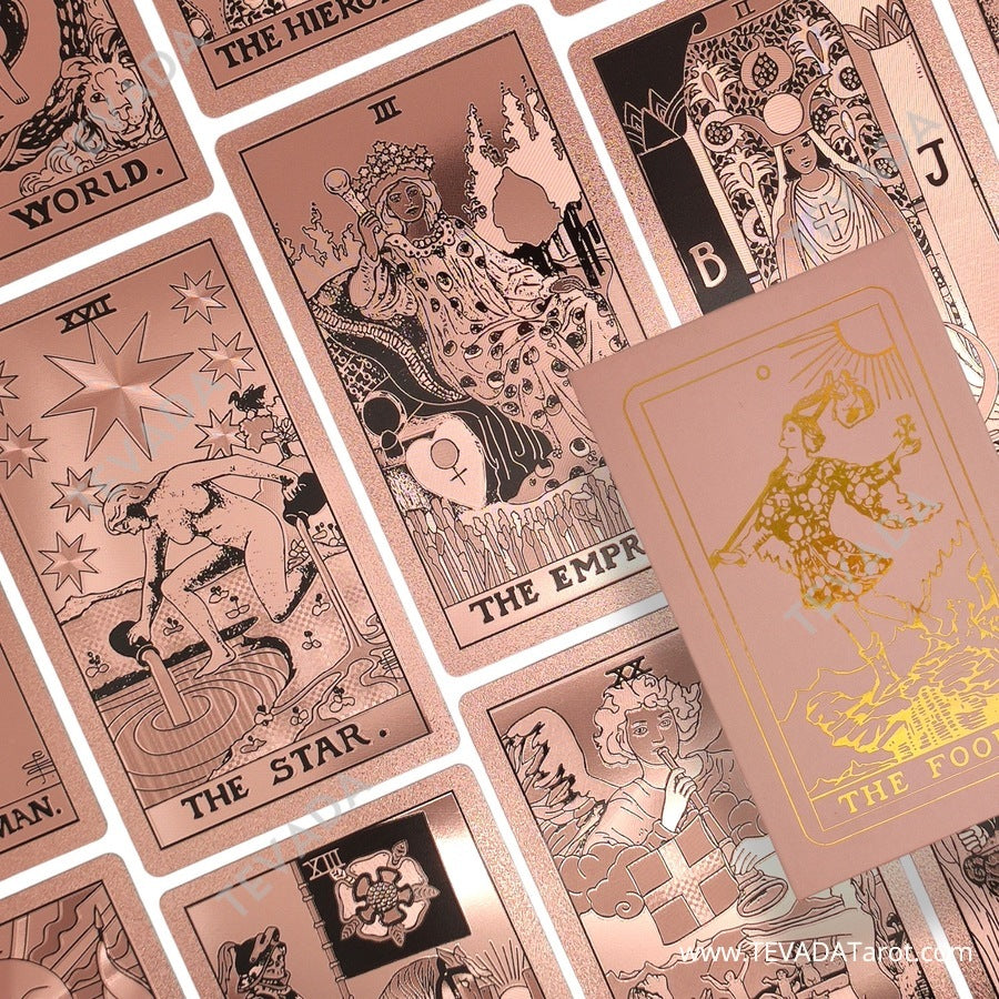 Gold Foil Tarot PINK, where tradition meets elegance. Experience a divination renaissance with our contemporary, rose-gold stamped Rider-Waite Tarot deck.