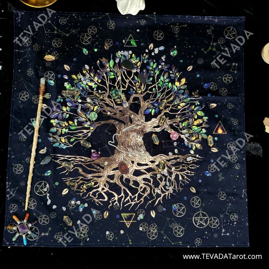 Enhance your tarot practice with our Tree of Life Tarot Bag & Altar Cloth. Crafted from the finest Dutch velvet, this black reading cloth features a stunning Tree of Life design that&