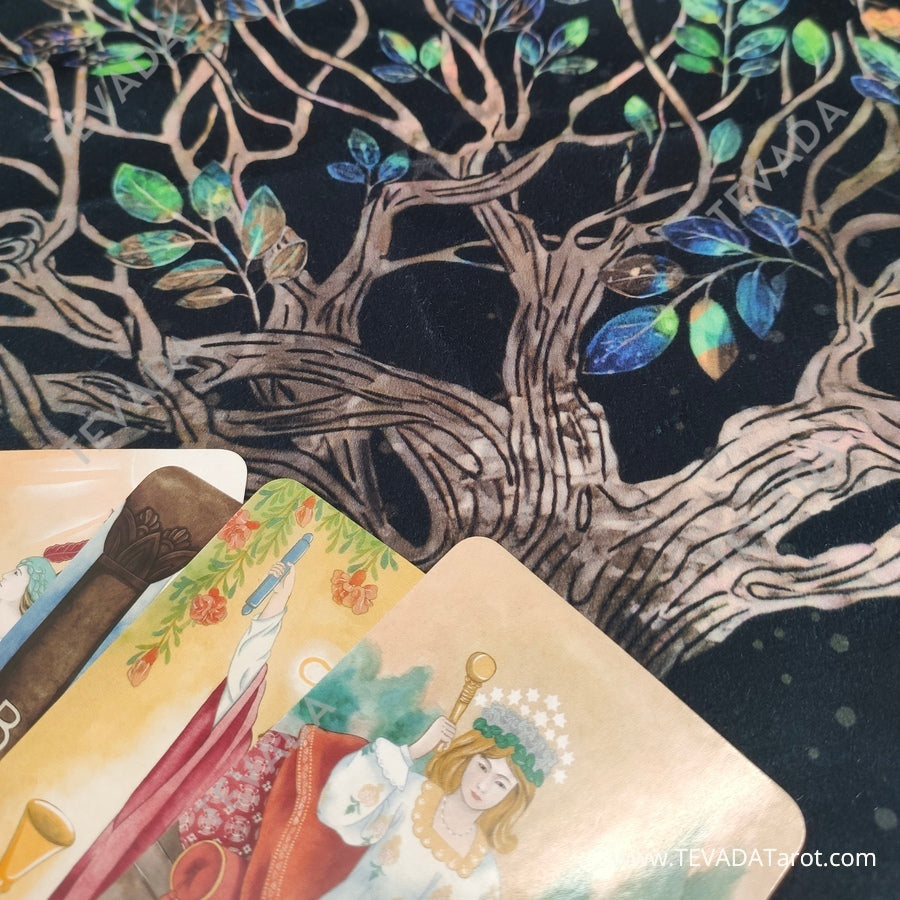 Enhance your tarot practice with our Tree of Life Tarot Bag & Altar Cloth. Crafted from the finest Dutch velvet, this black reading cloth features a stunning Tree of Life design that&