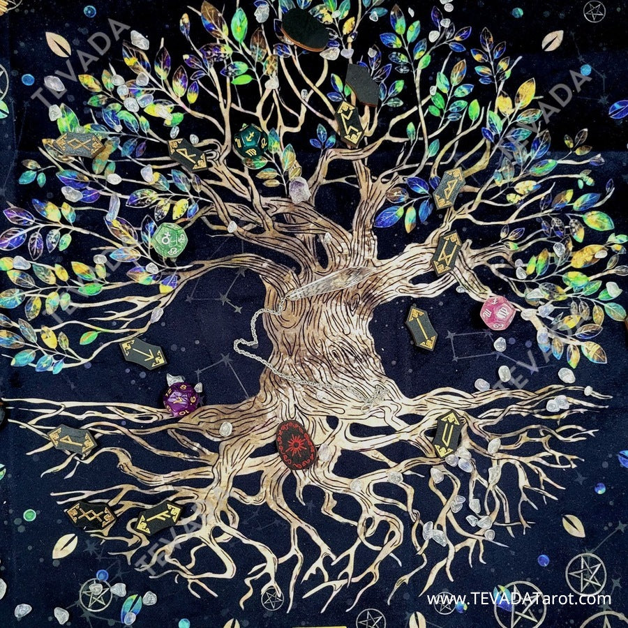 Enhance your tarot practice with our Tree of Life Tarot Bag & Altar Cloth. Crafted from the finest Dutch velvet, this black reading cloth features a stunning Tree of Life design that&