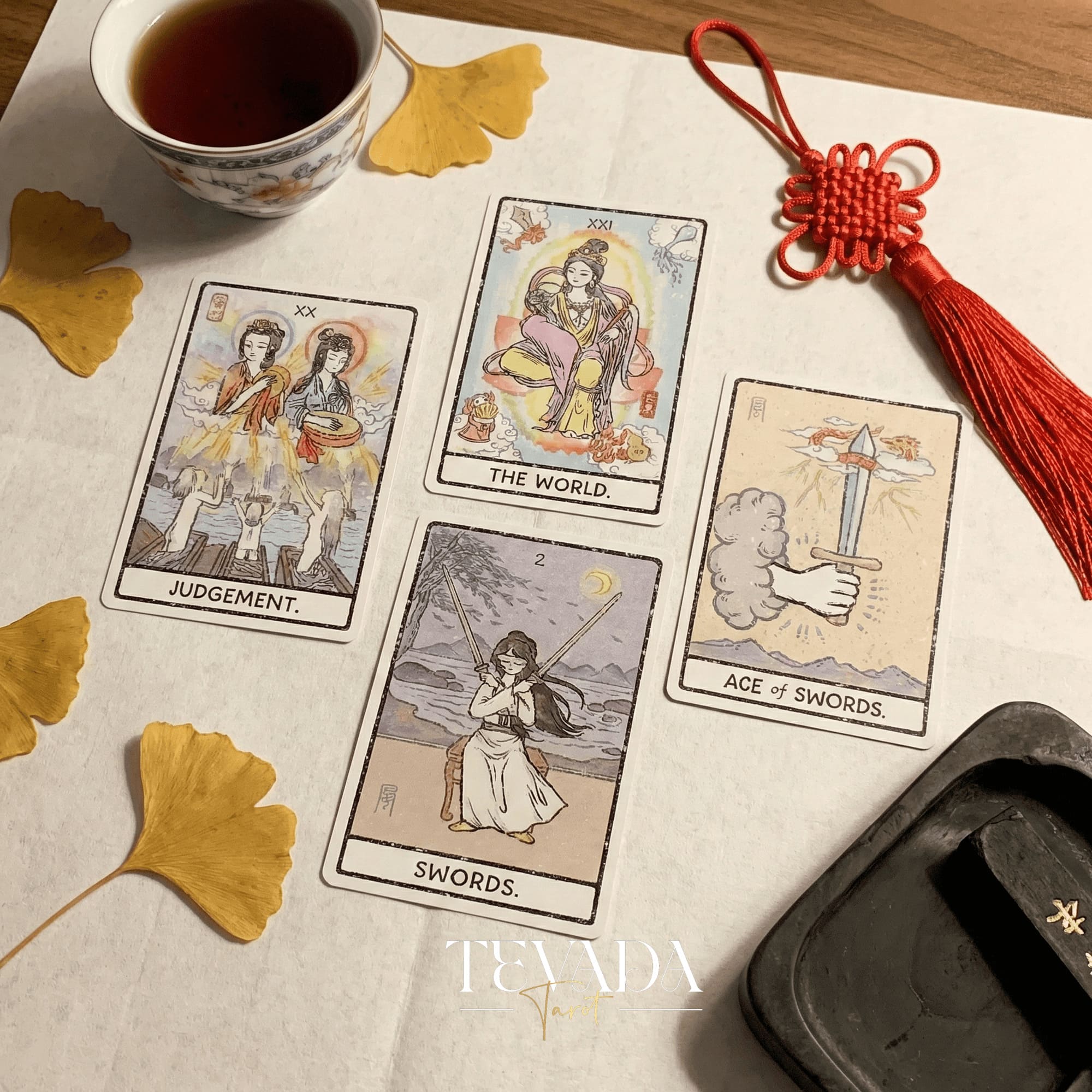 China Doll Tarot Deck featuring traditional Chinese ink wash art and Hanfu figures for intuitive divination.