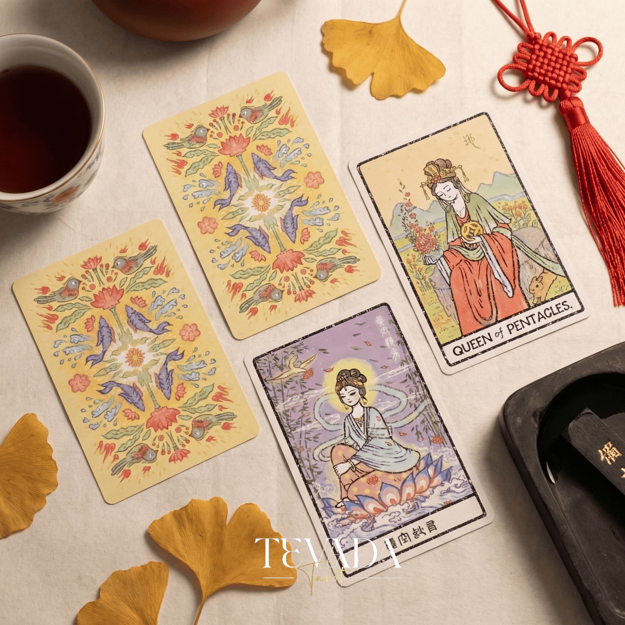 China Doll Tarot Deck featuring traditional Chinese ink wash art and Hanfu figures for intuitive divination.