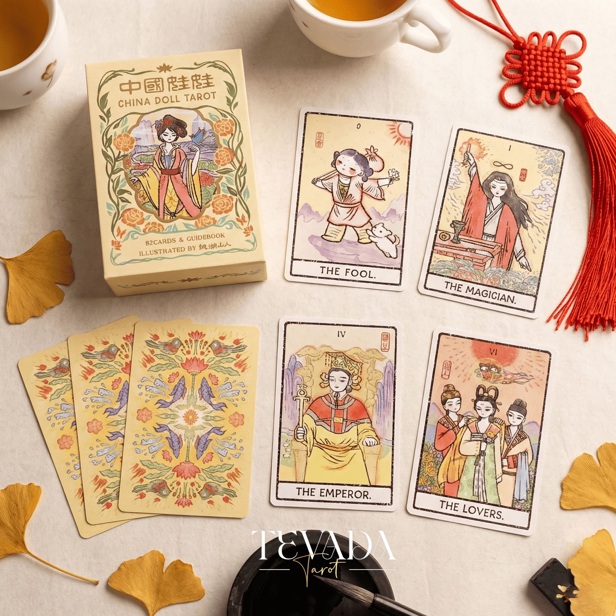 China Doll Tarot Deck featuring traditional Chinese ink wash art and Hanfu figures for intuitive divination.