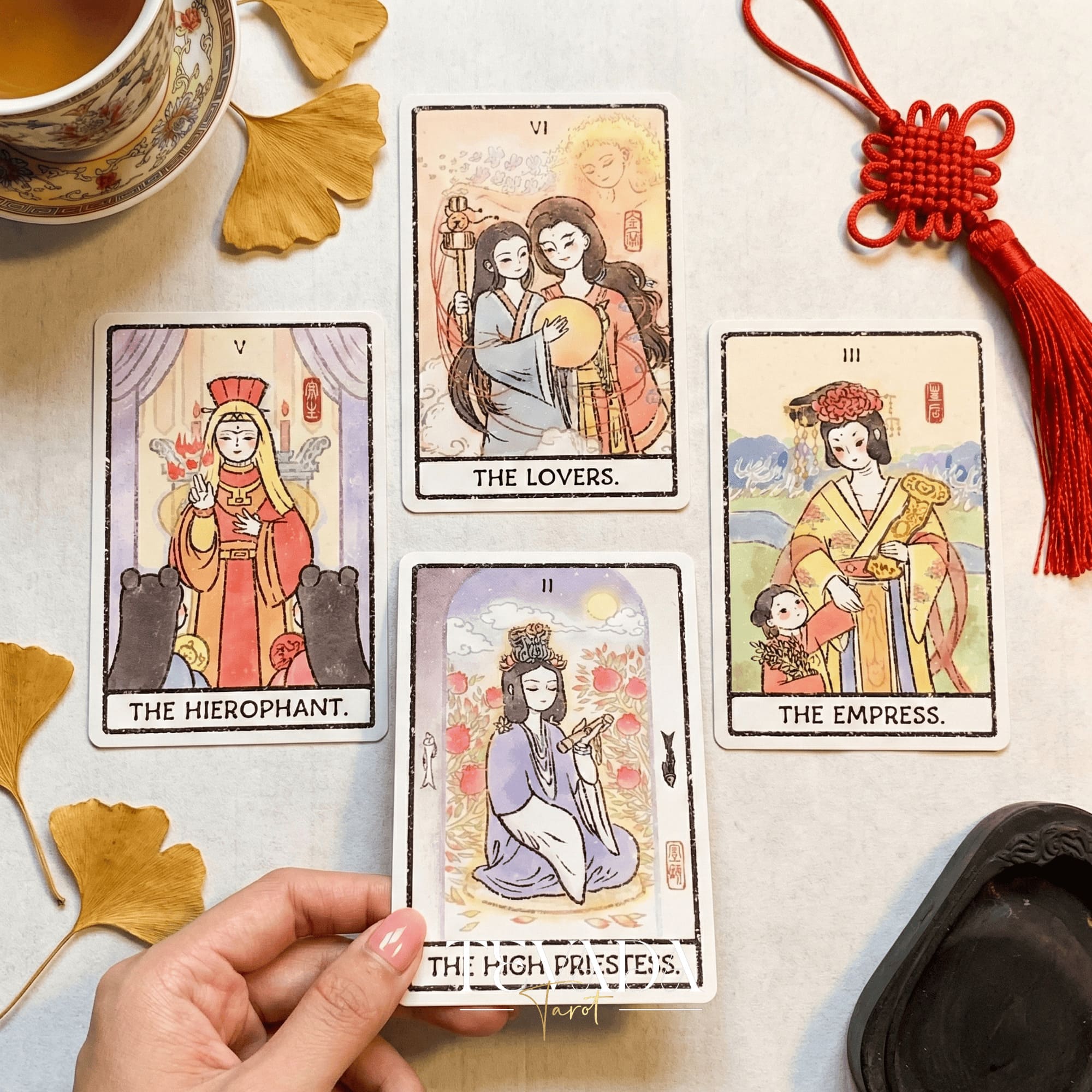 China Doll Tarot Deck featuring traditional Chinese ink wash art and Hanfu figures for intuitive divination.