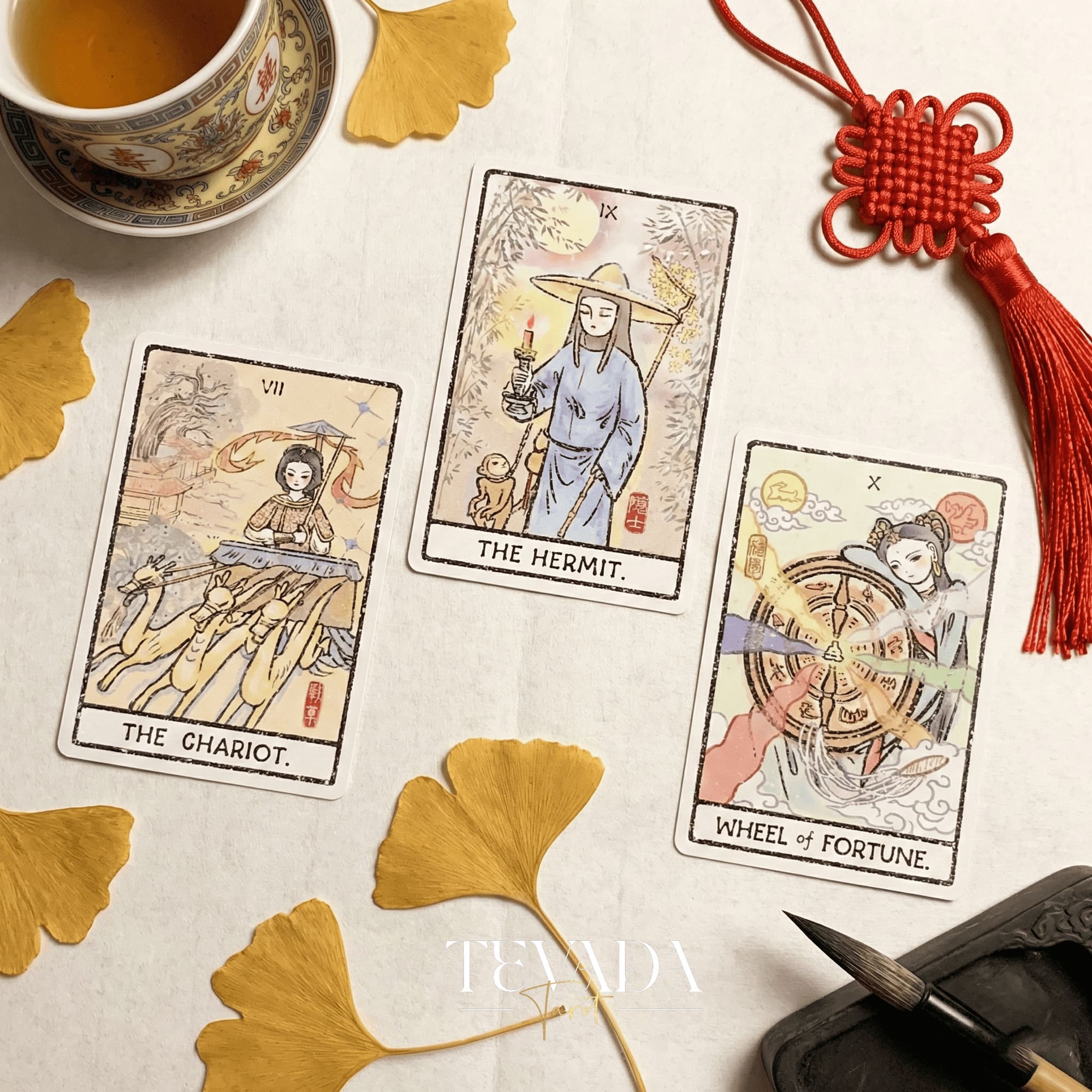 China Doll Tarot Deck featuring traditional Chinese ink wash art and Hanfu figures for intuitive divination.