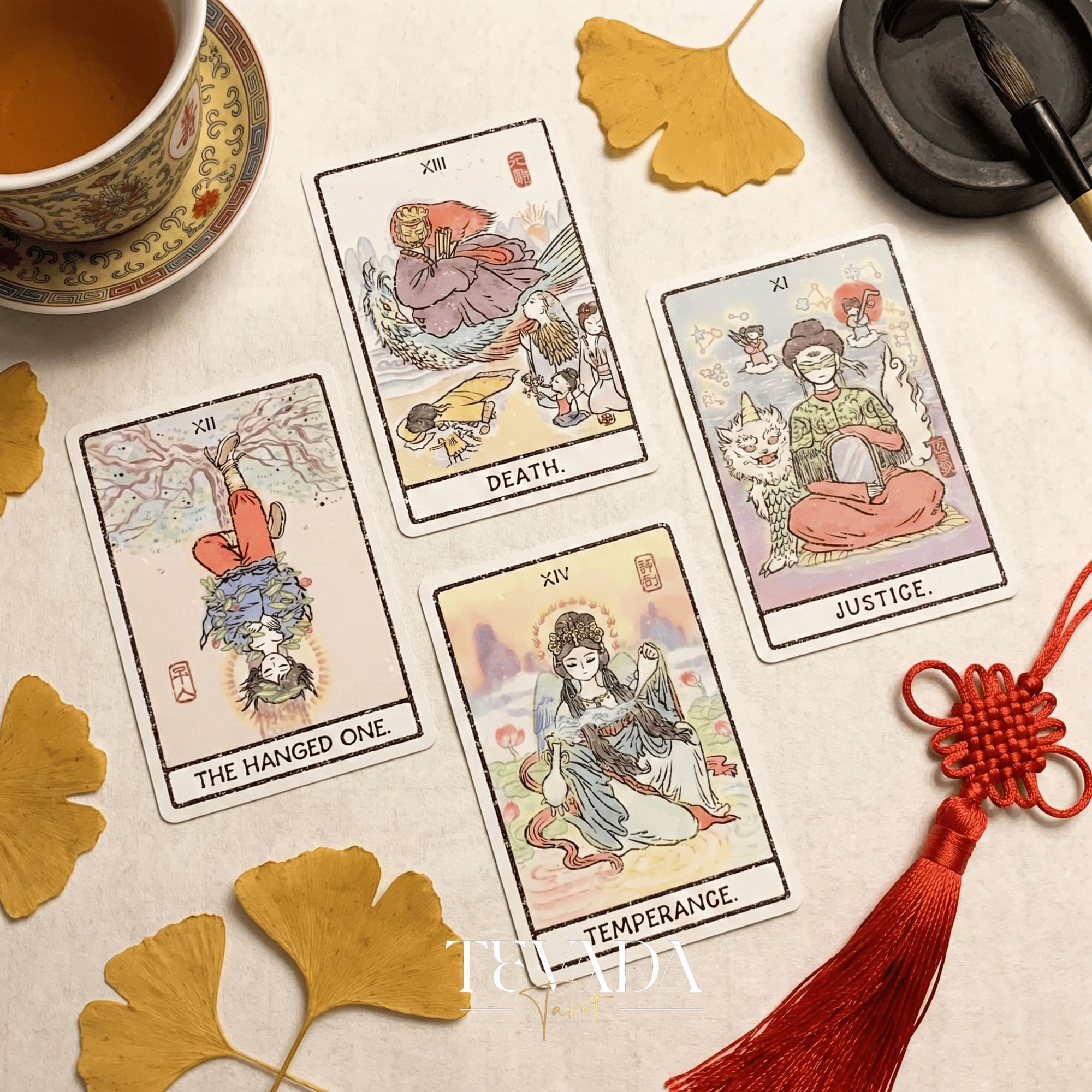China Doll Tarot Deck featuring traditional Chinese ink wash art and Hanfu figures for intuitive divination.