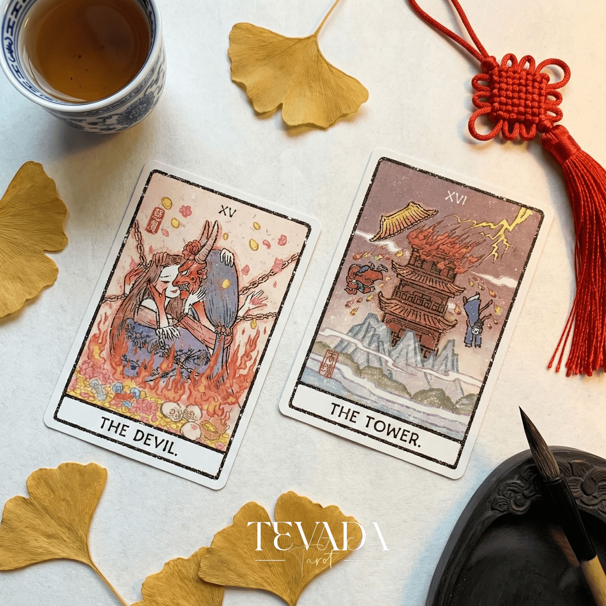 China Doll Tarot Deck featuring traditional Chinese ink wash art and Hanfu figures for intuitive divination.