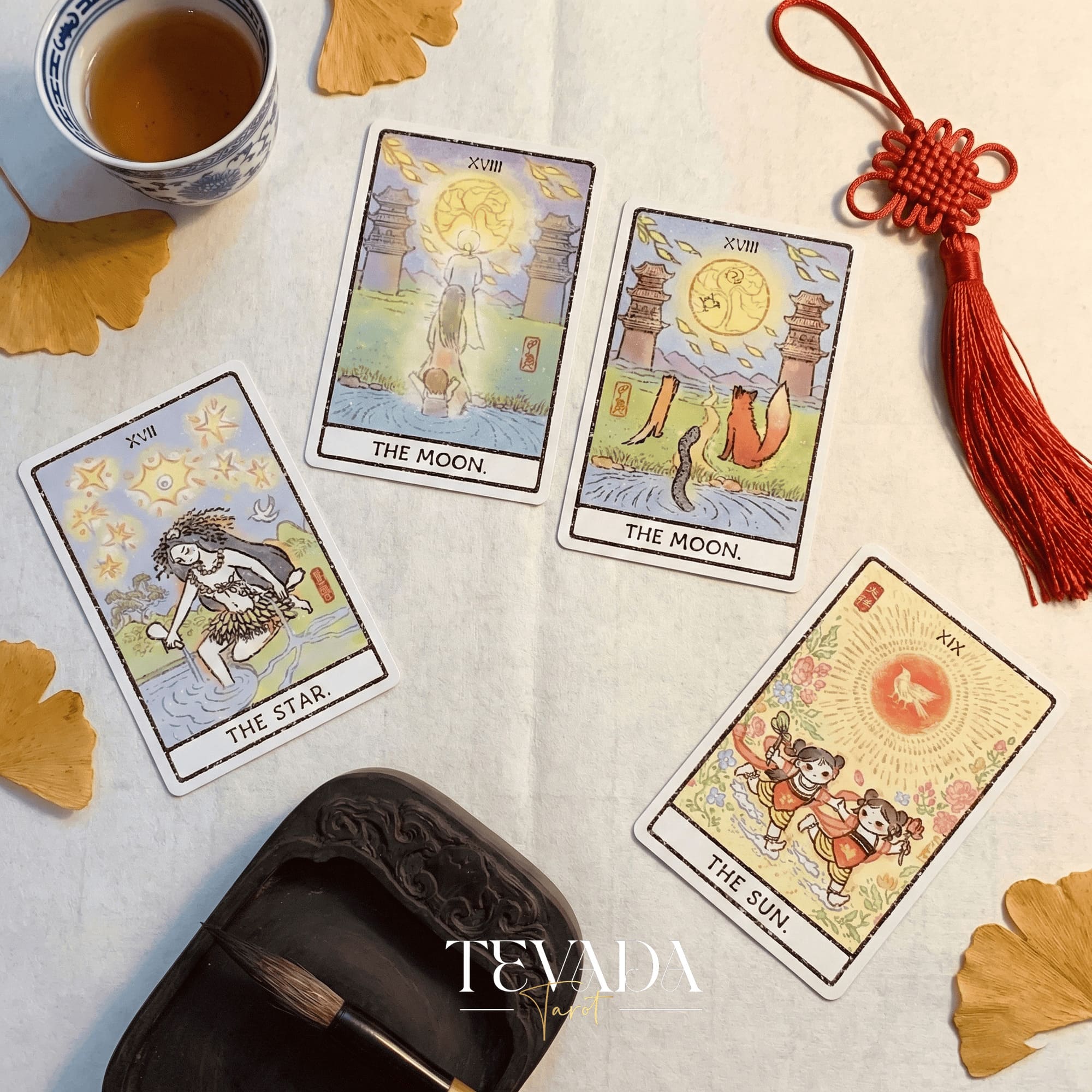 China Doll Tarot Deck featuring traditional Chinese ink wash art and Hanfu figures for intuitive divination.