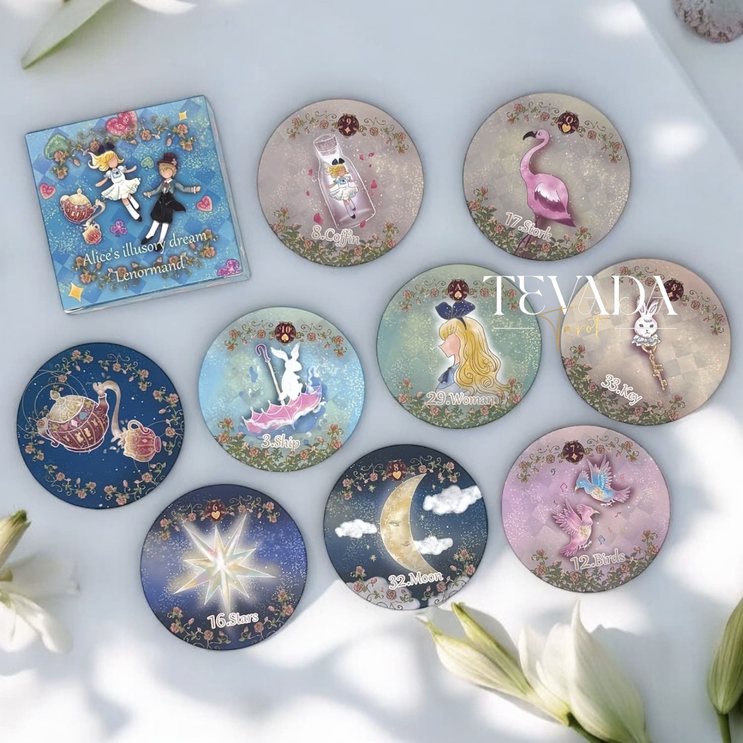 Unlock your intuition with Alice’s Illusory Dream Lenormand MINI deck. This 41-card set features a round size, blue-gilded edges and whimsical designs to guide your readings with magic and clarity.