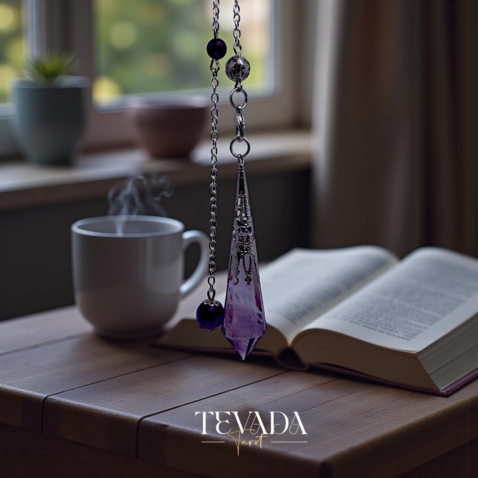 Healing Amethyst Pendulum Necklace in natural violet stone for anxiety relief and dowsing rituals.