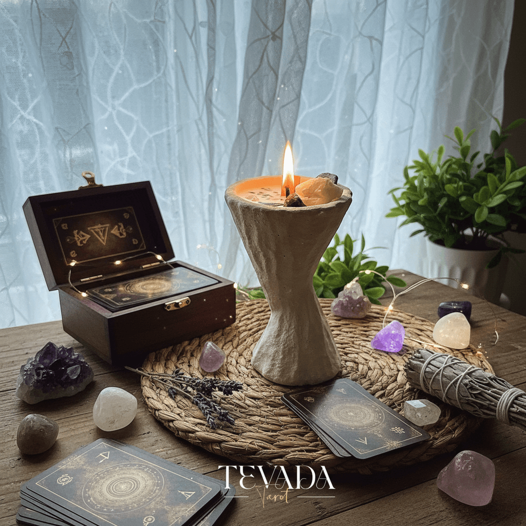 Visionary Clarity Crystal Tarot Candle with amethyst, moonstone, and lapis lazuli for intuition rituals