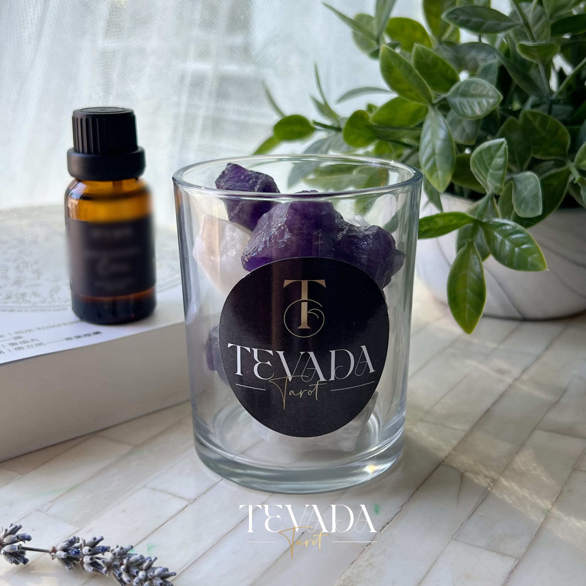 Crystal diffuser with moonstone, amethyst, and lavender oil. Inspired by The High Priestess tarot card. Perfect for Wiccan rituals, psychic focus, and intuitive meditation practices.