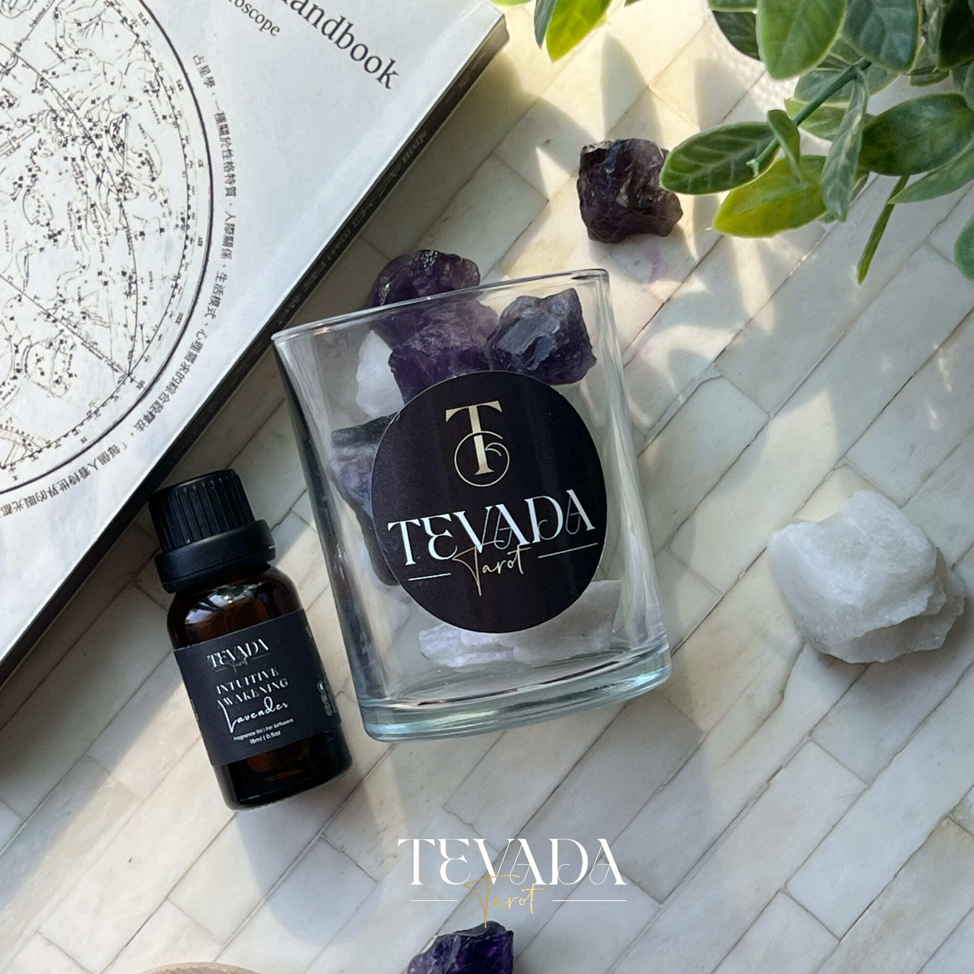 Crystal diffuser with moonstone, amethyst, and lavender oil. Inspired by The High Priestess tarot card. Perfect for Wiccan rituals, psychic focus, and intuitive meditation practices.