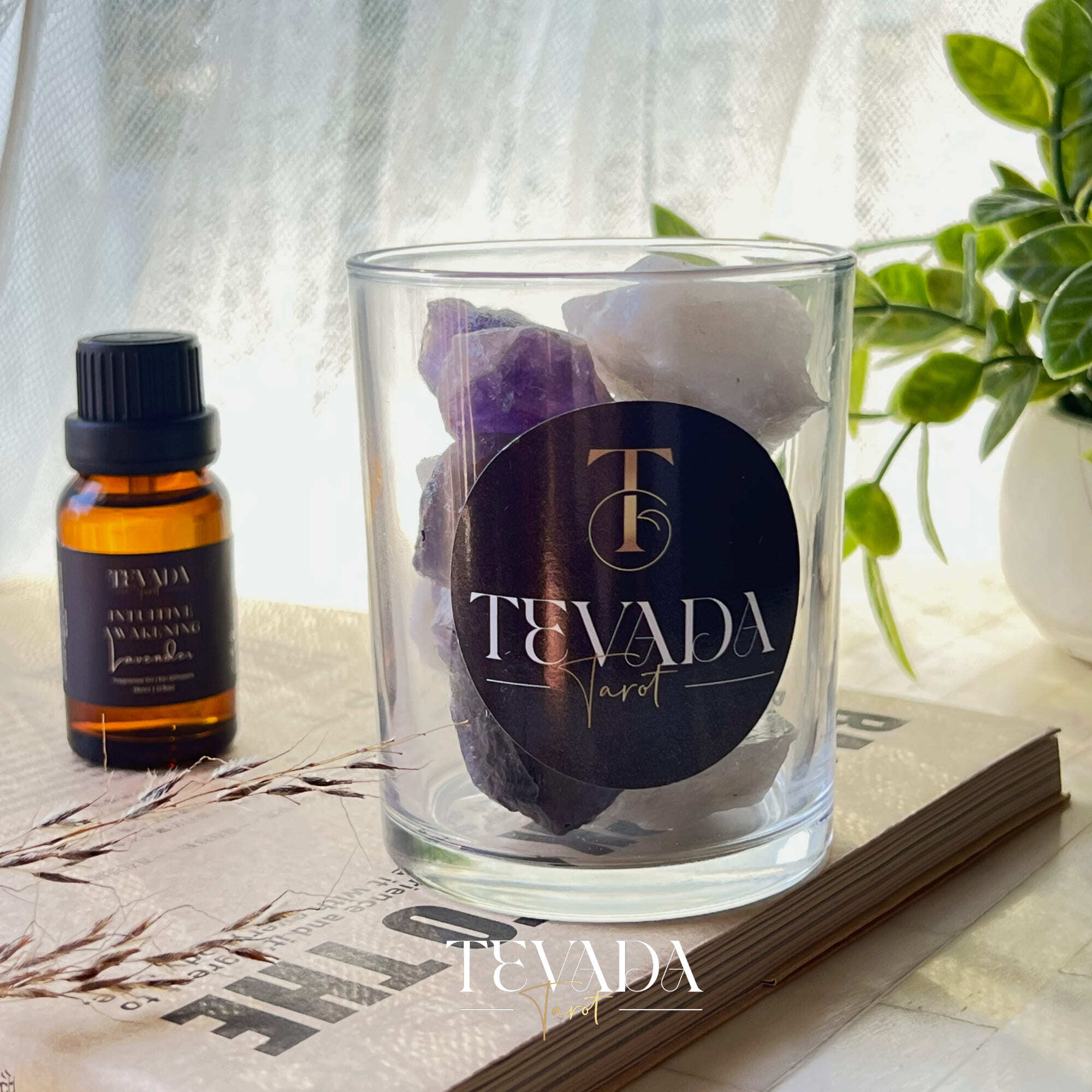 Crystal diffuser with moonstone, amethyst, and lavender oil. Inspired by The High Priestess tarot card. Perfect for Wiccan rituals, psychic focus, and intuitive meditation practices.
