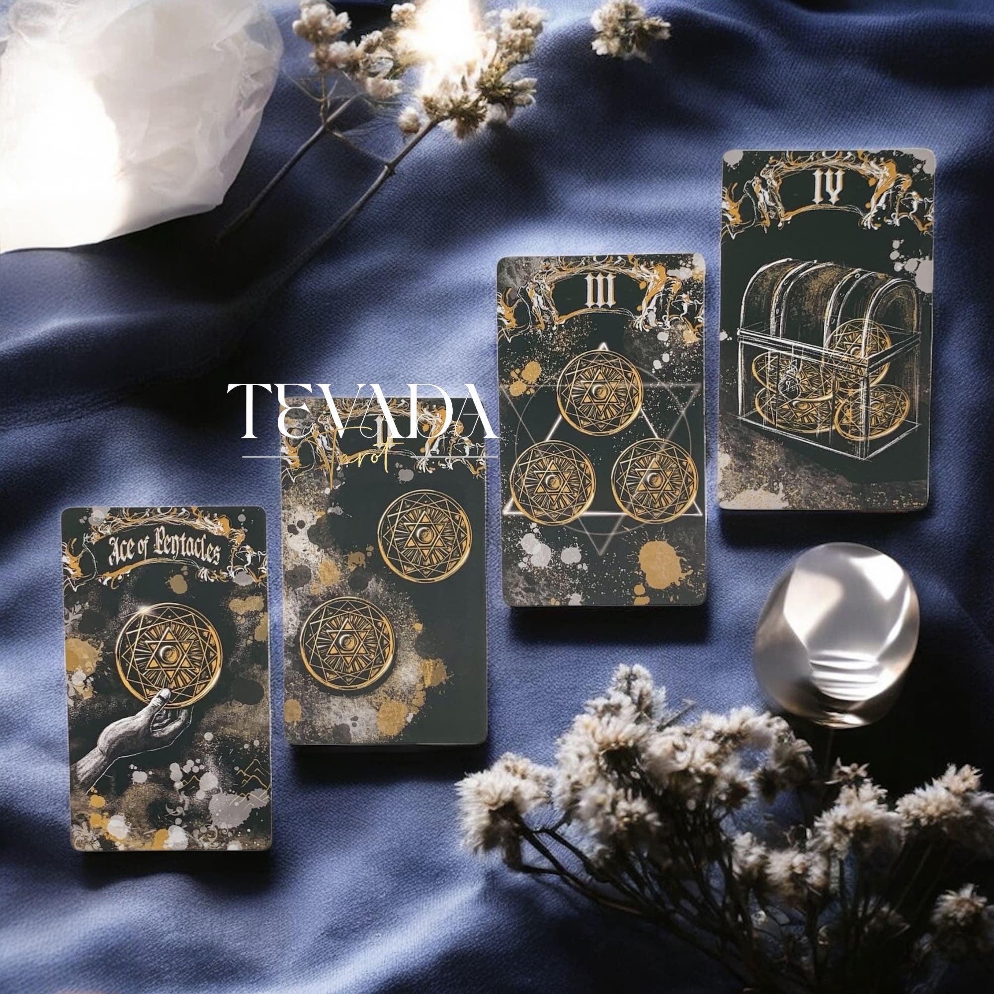 Unlock wisdom through the Dark Ray Tarot DELUXE, a 78-card deck in bold black, white, and gold tones designed for intuitive readings, clarity, and spiritual growth.