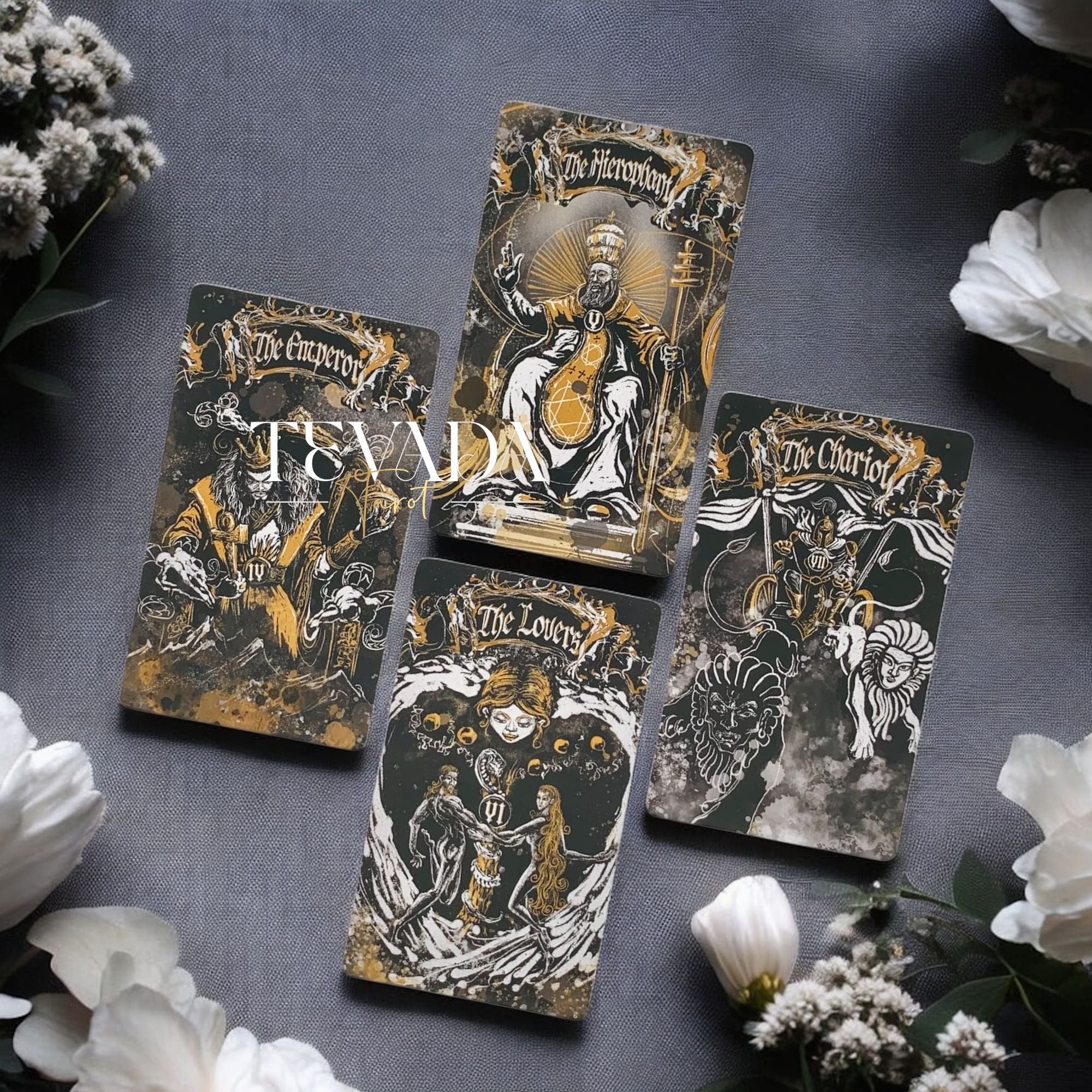 Unlock wisdom through the Dark Ray Tarot DELUXE, a 78-card deck in bold black, white, and gold tones designed for intuitive readings, clarity, and spiritual growth.