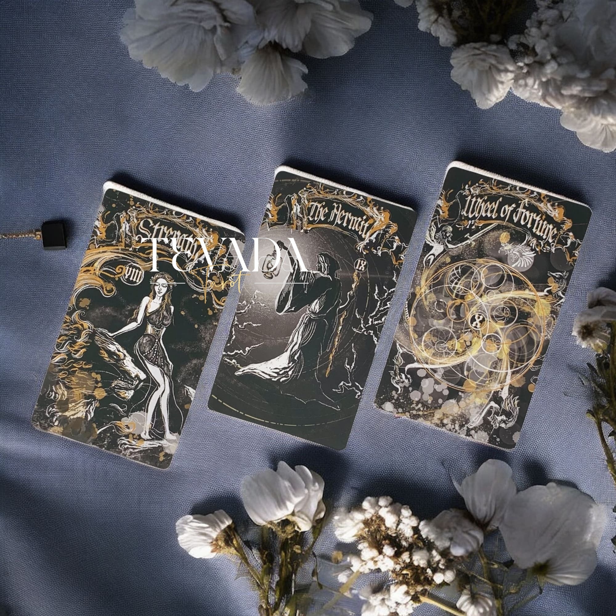 Unlock wisdom through the Dark Ray Tarot DELUXE, a 78-card deck in bold black, white, and gold tones designed for intuitive readings, clarity, and spiritual growth.