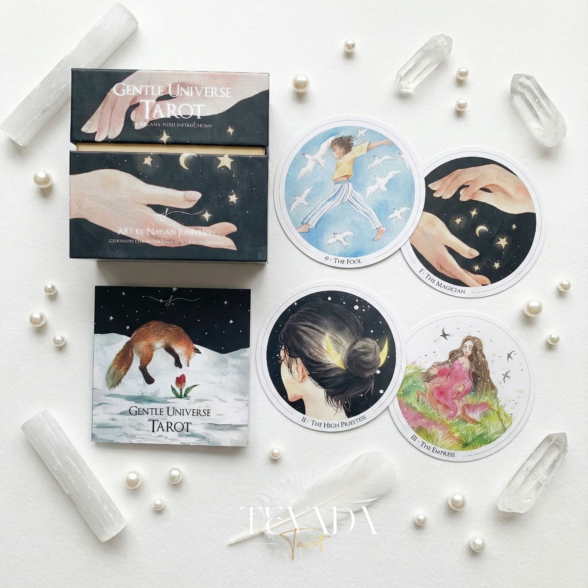 Discover the Gentle Universe Tarot â a 78-card circular deck in soft watercolor art, blending intuition, calm, and cosmic beauty for magical, heartfelt readings.