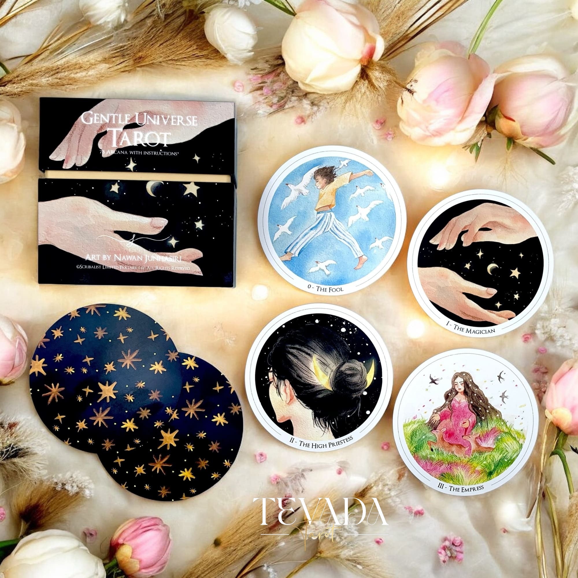Discover the Gentle Universe Tarot â a 78-card circular deck in soft watercolor art, blending intuition, calm, and cosmic beauty for magical, heartfelt readings.
