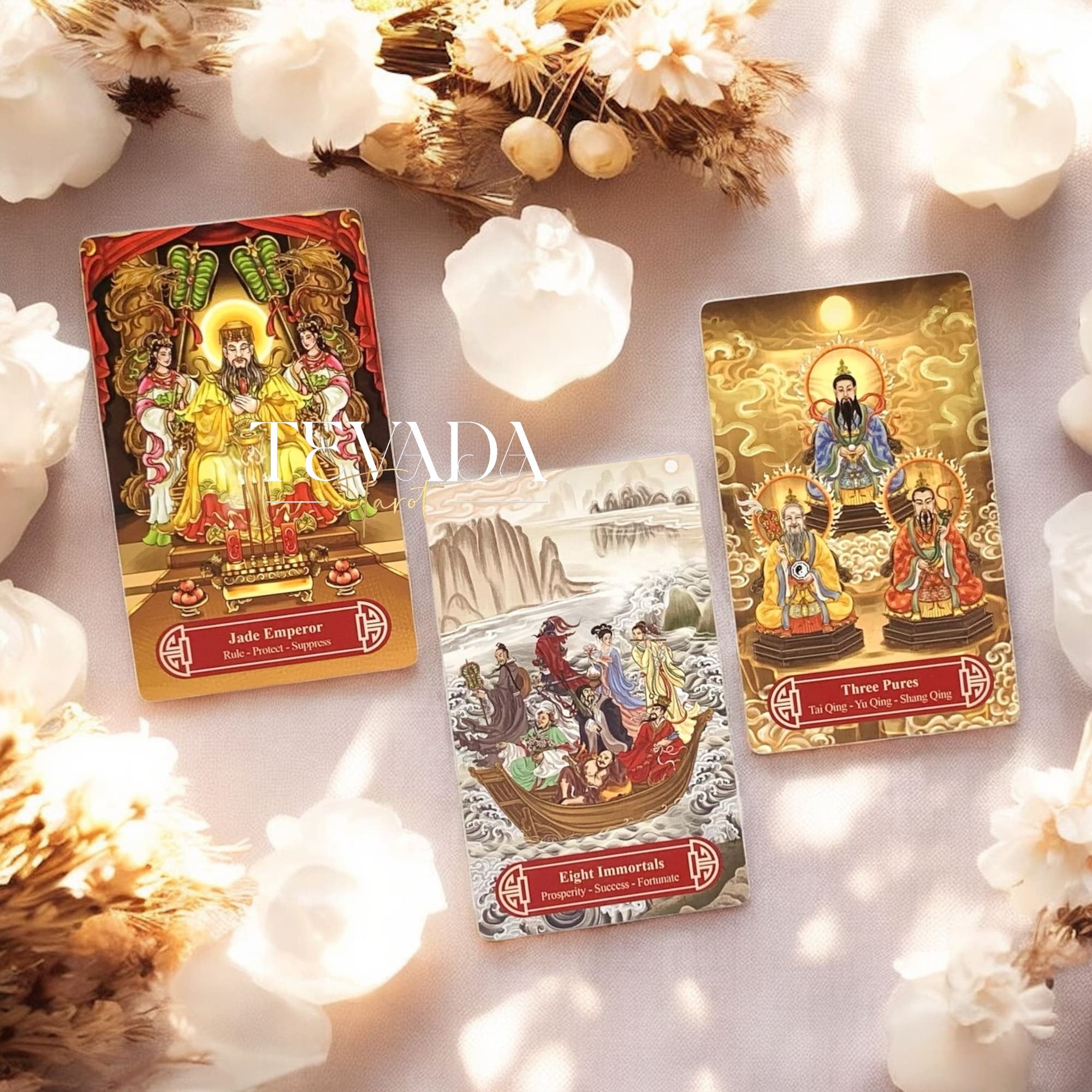 Guanyindi Tarot RED PHOENIX Edt blends Chinese mythology and Guanyin’s compassion in a pocket-sized deck of 78 gold-accented cards for soulful divination and spiritual guidance.