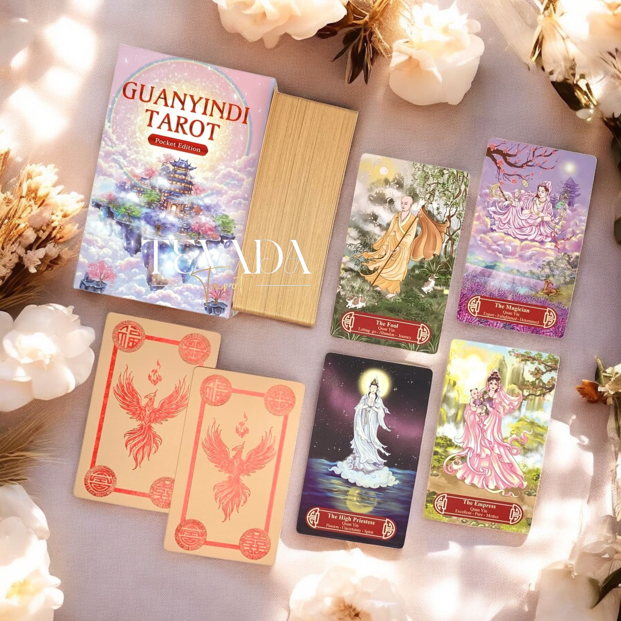 Guanyindi Tarot RED PHOENIX Edt blends Chinese mythology and Guanyin’s compassion in a pocket-sized deck of 78 gold-accented cards for soulful divination and spiritual guidance.