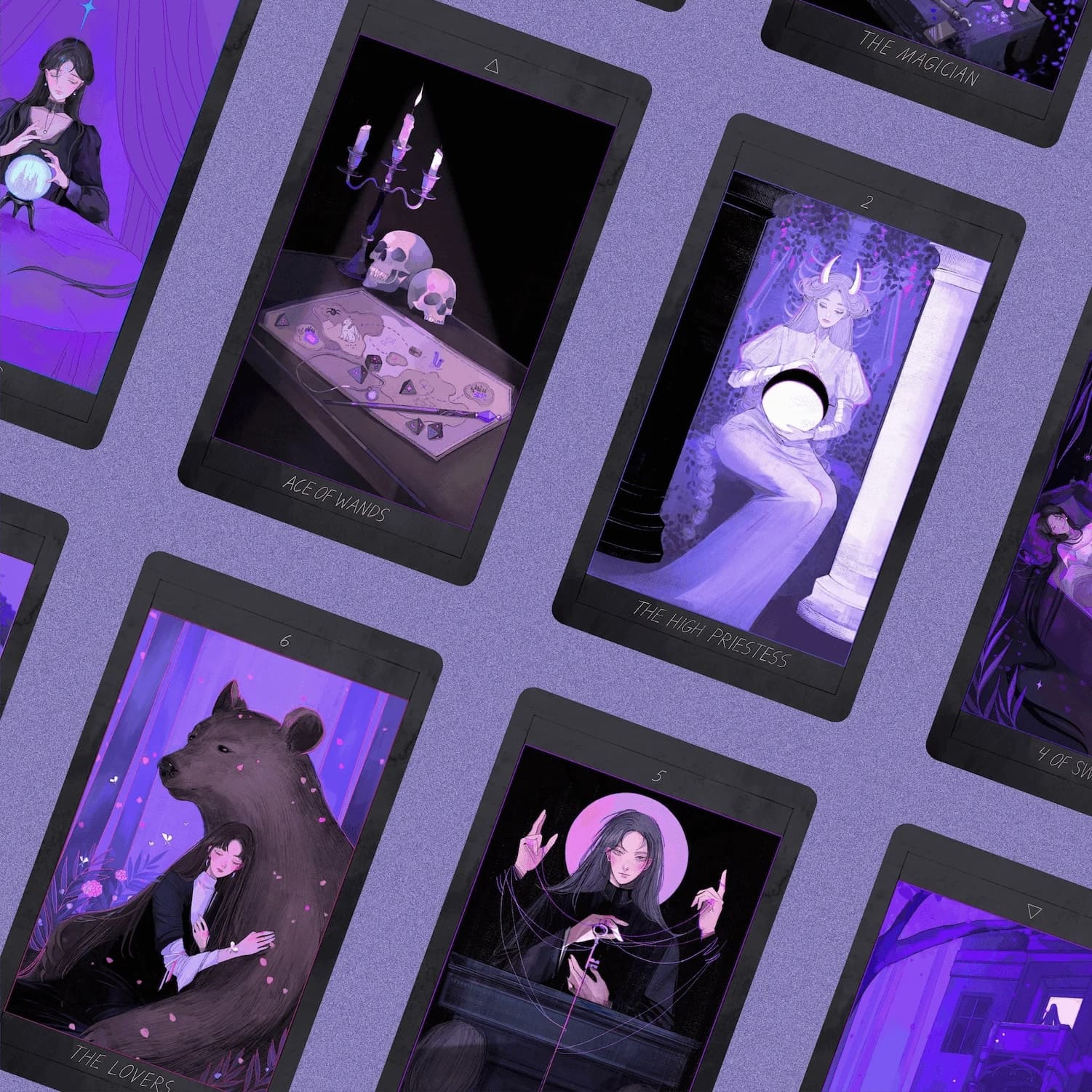 Honey and Lavender Tarot Deck featuring soft gothic Asian style art for shadow work and intuitive healing.