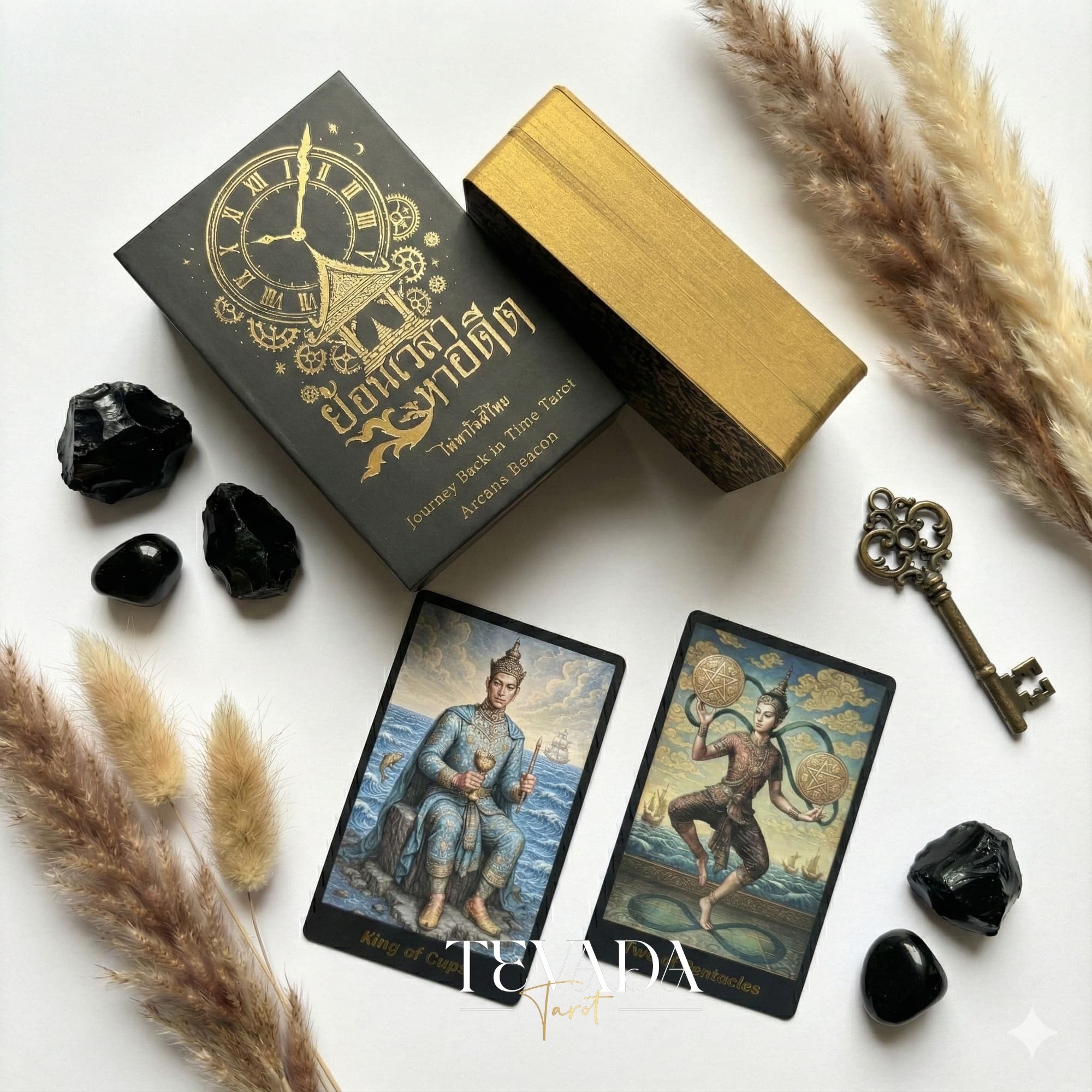 Journey Back In Time Tarot featuring traditional Thai artwork and ornate floral backs for intuitive divination.