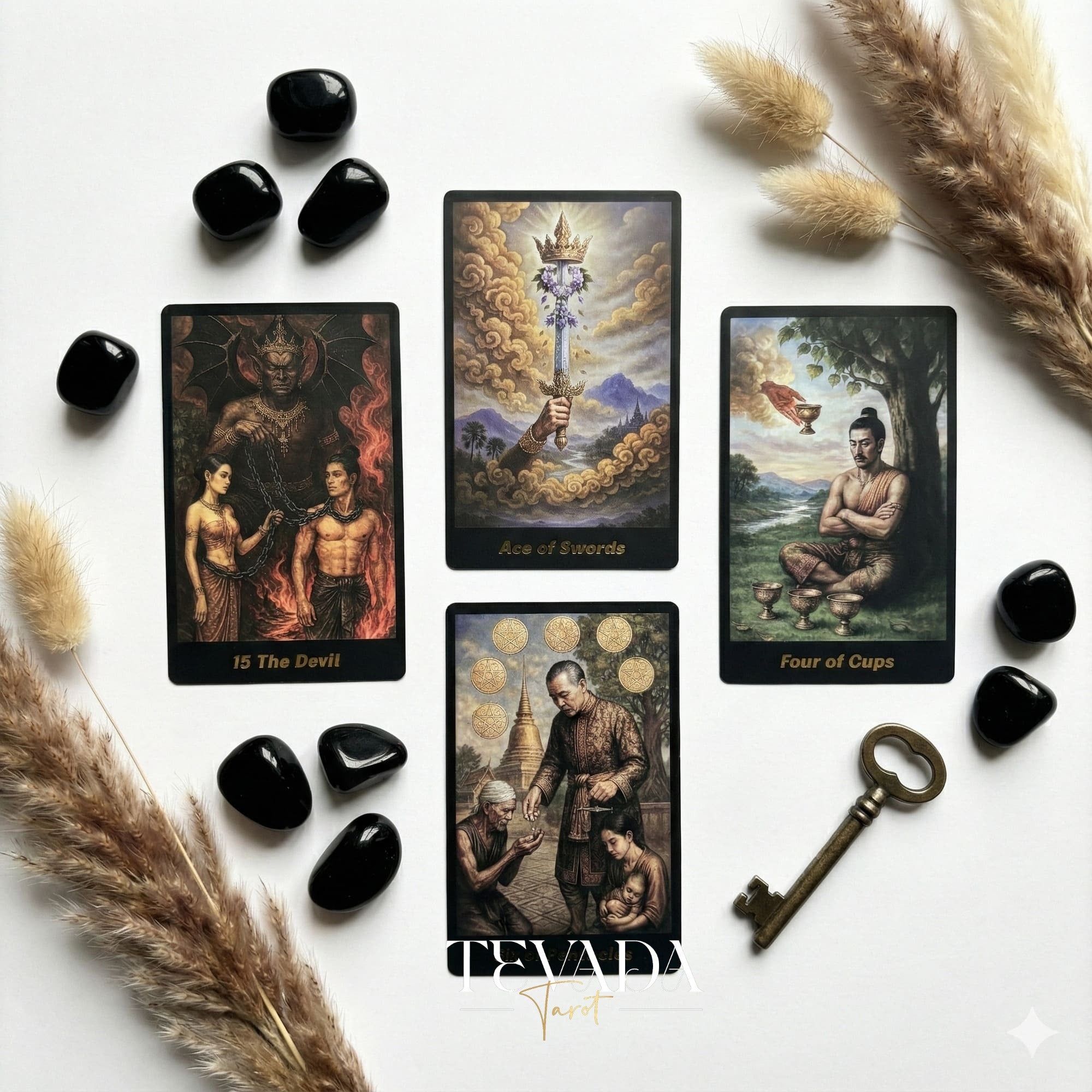 Journey Back In Time Tarot featuring traditional Thai artwork and ornate floral backs for intuitive divination.