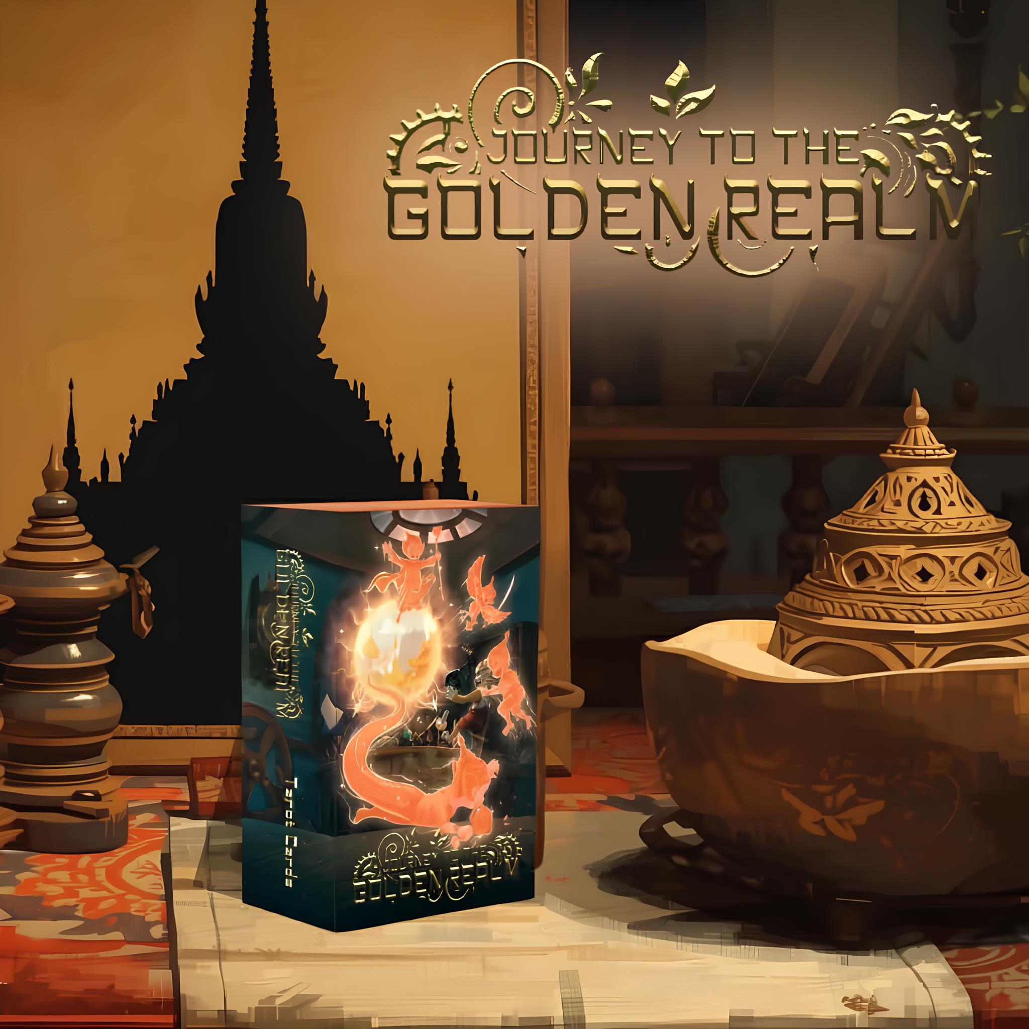 Journey to the Golden Realm Tarot Deck with cute Burmese mythology art and matte-teal edges for intuitive guidance.