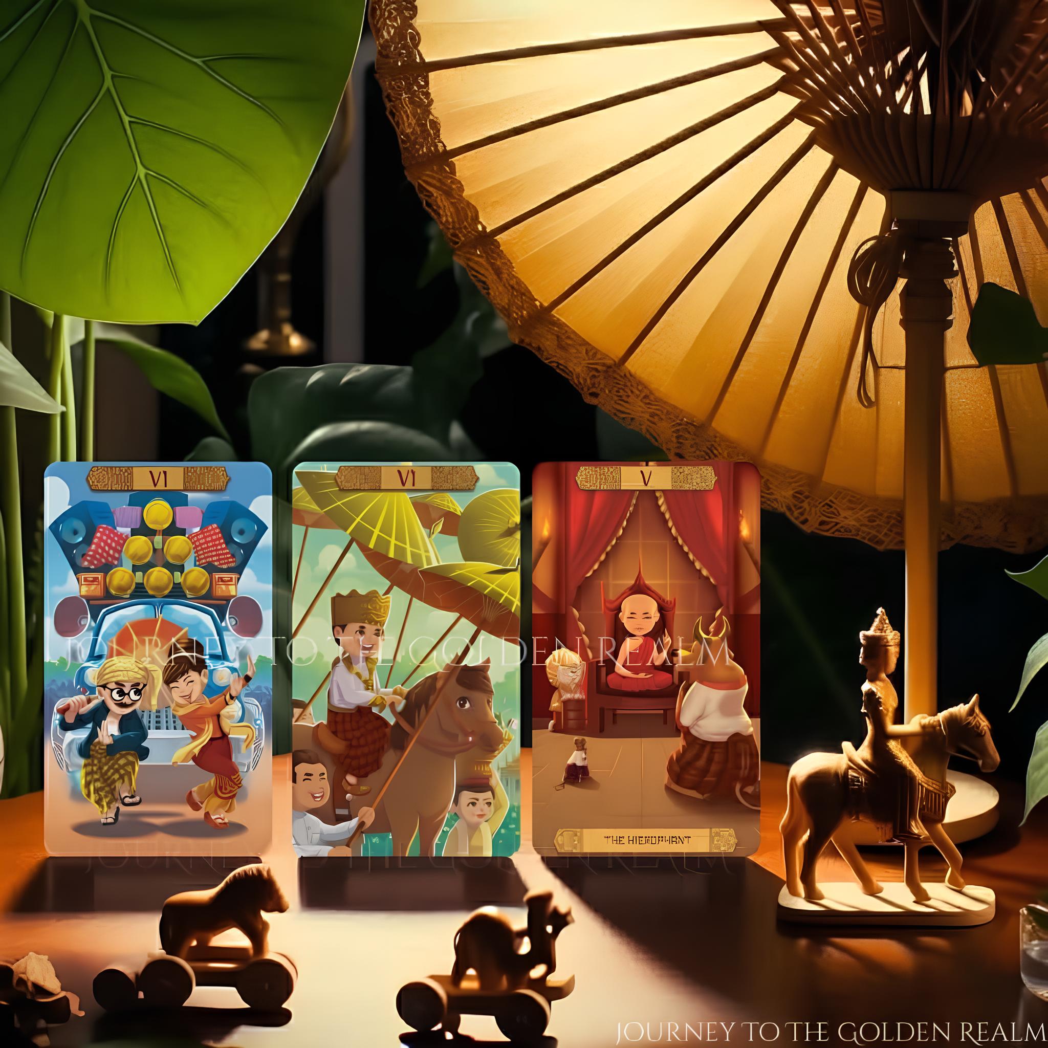 Journey to the Golden Realm Tarot Deck with cute Burmese mythology art and matte-teal edges for intuitive guidance.