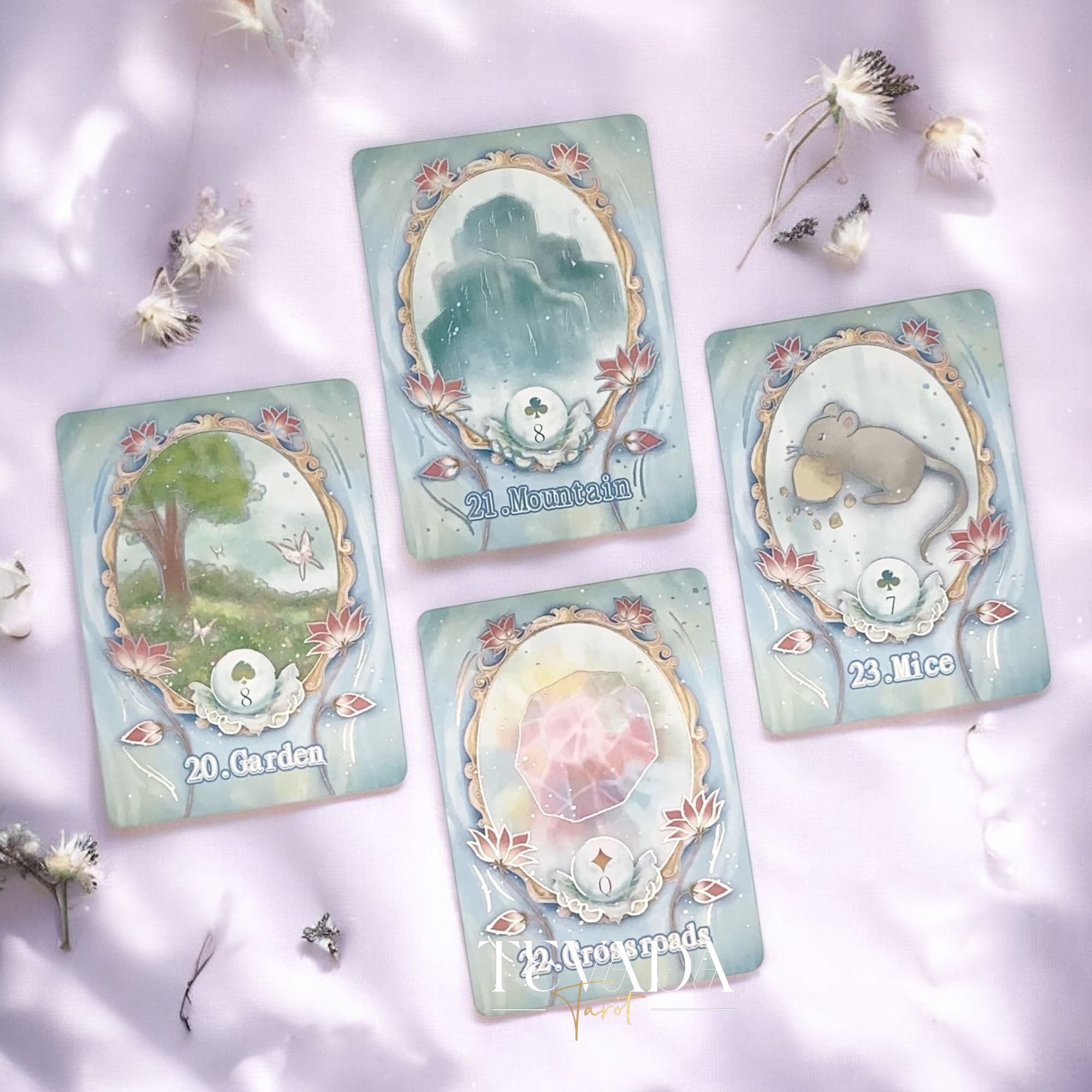 Discover the Lotus Path Lenormand Deck, a 40-card intuitive divination deck inspired by lotus symbolism. Gentle artwork and clear guidance support daily readings and insight.
