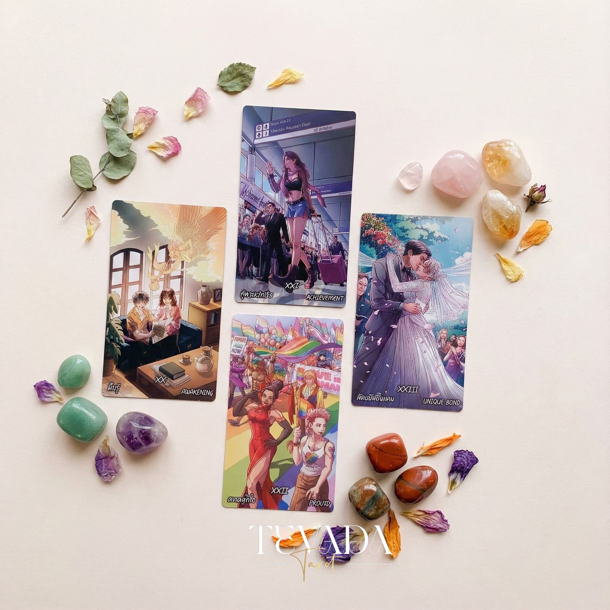 Lucky in Love Tarot Deck featuring modern Korean manhwa art and red glitter edges for love readings.