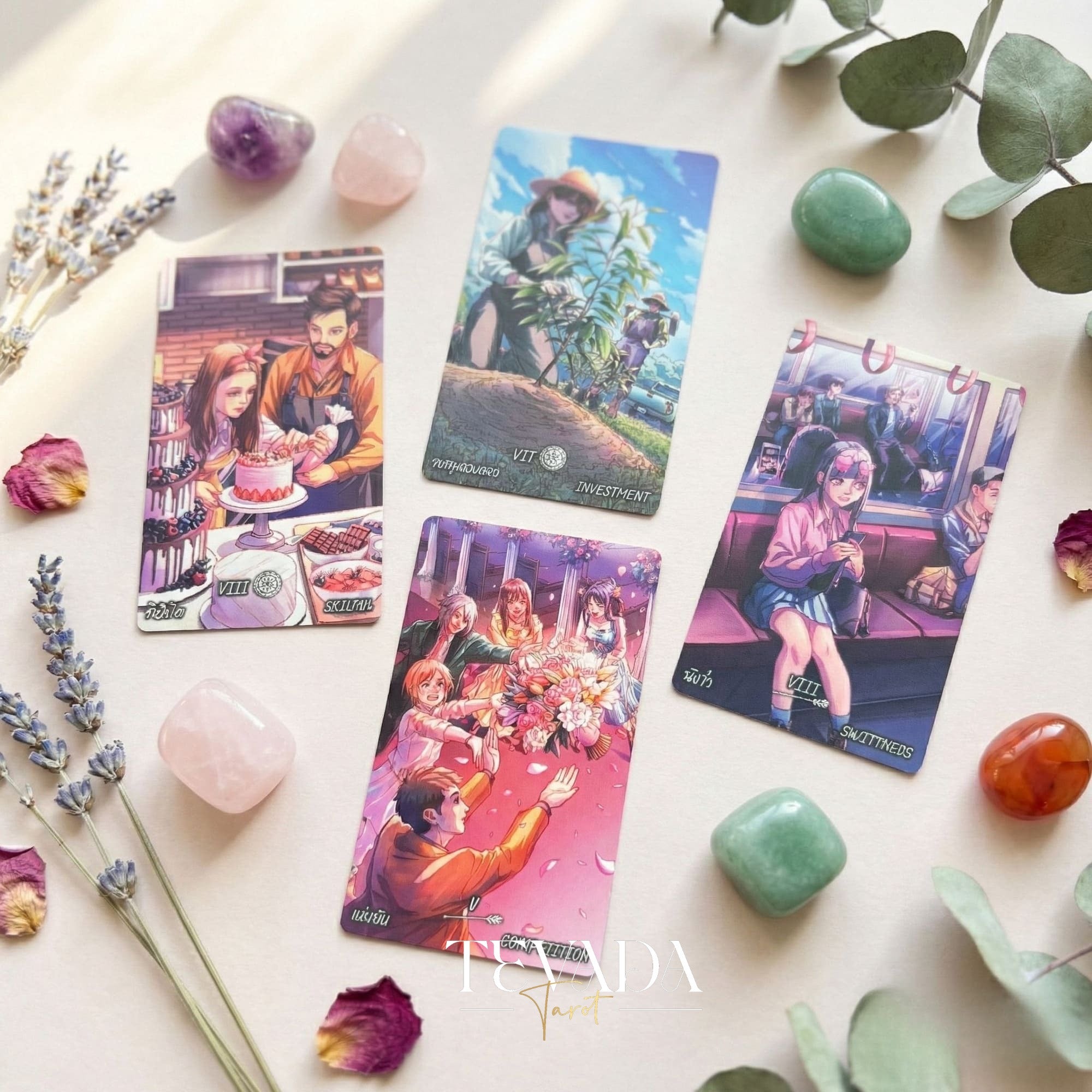 Lucky in Love Tarot Deck featuring modern Korean manhwa art and red glitter edges for love readings.