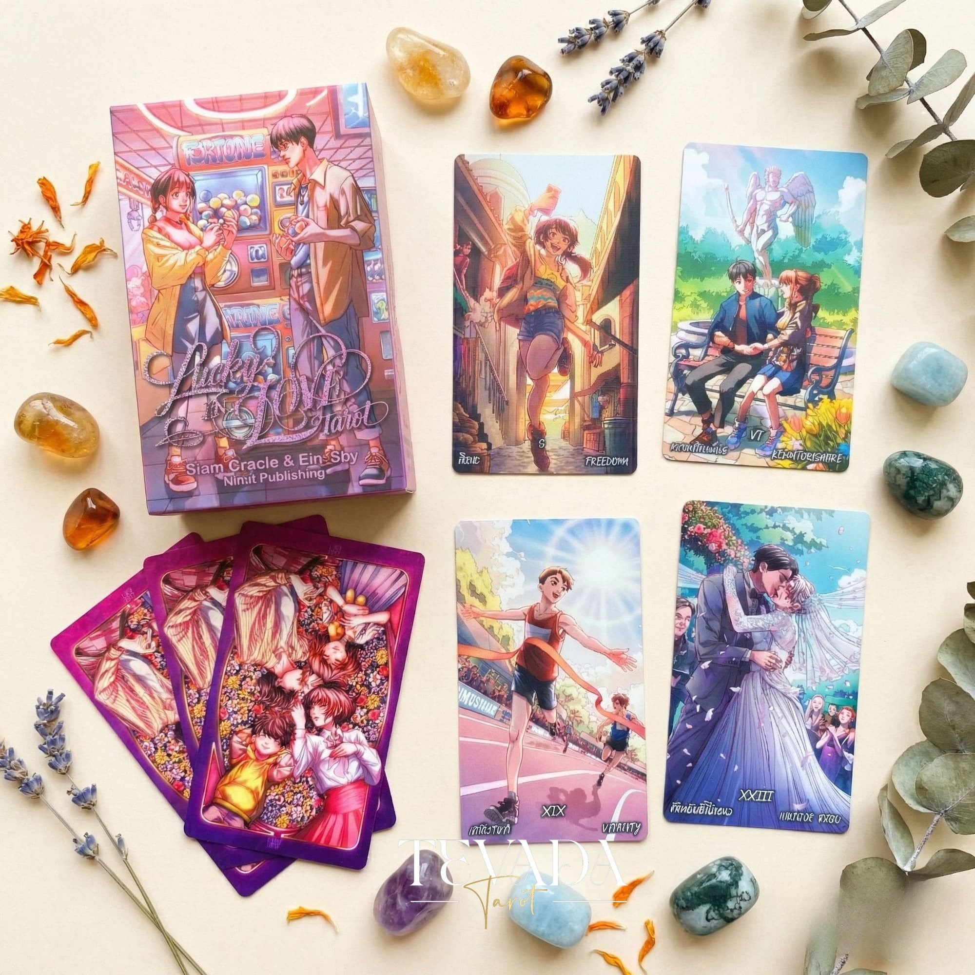 Lucky in Love Tarot Deck featuring modern Korean manhwa art and red glitter edges for love readings.