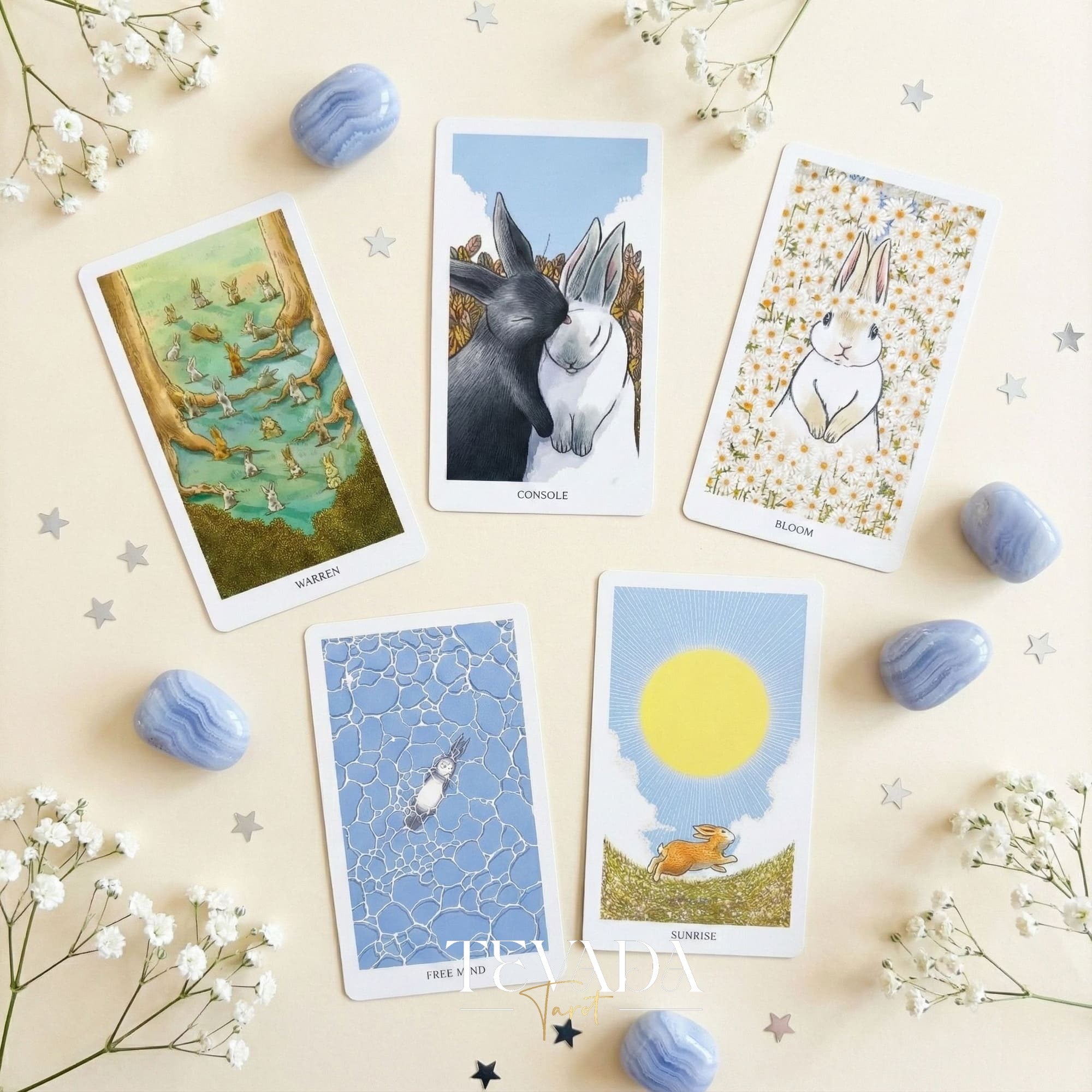 Lunalapin Tarot & Oracle Deck featuring cute bunny illustrations. A healing Tarot Deck for intuitive guidance and daily joy
