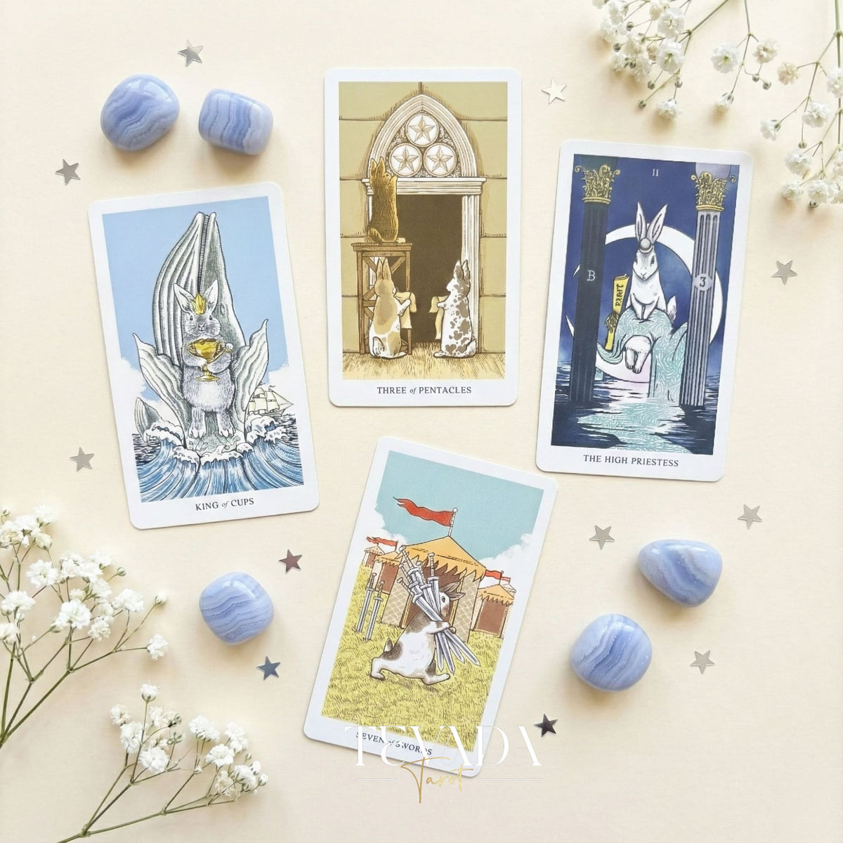 Lunalapin Tarot & Oracle Deck featuring cute bunny illustrations. A healing Tarot Deck for intuitive guidance and daily joy