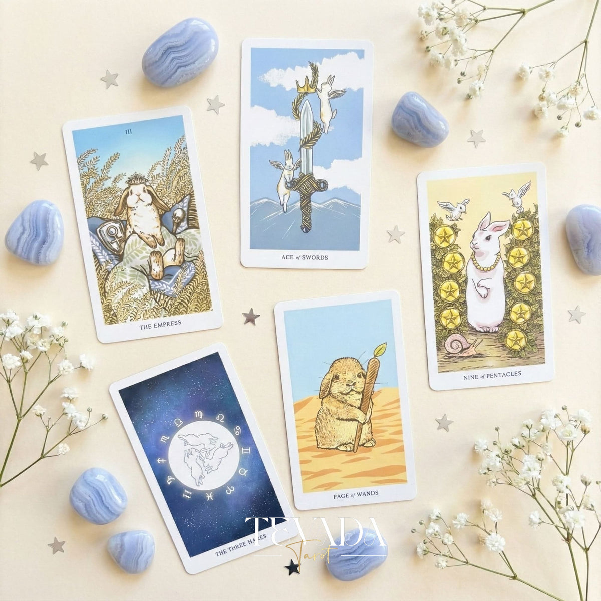Lunalapin Tarot & Oracle Deck featuring cute bunny illustrations. A healing Tarot Deck for intuitive guidance and daily joy