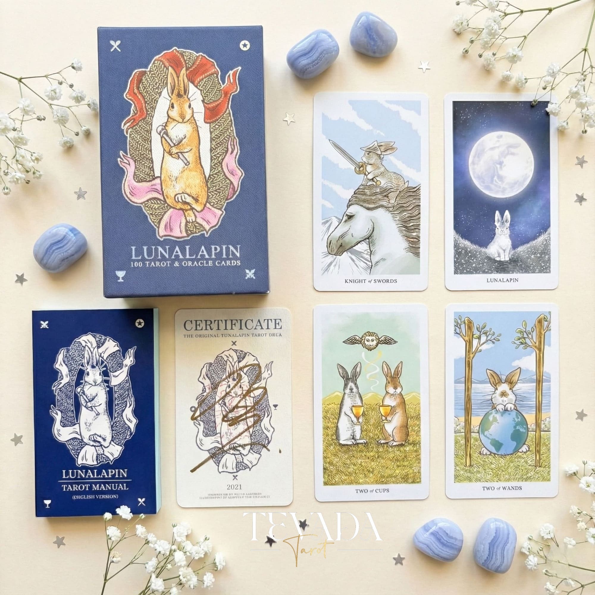 Lunalapin Tarot & Oracle Deck featuring cute bunny illustrations. A healing Tarot Deck for intuitive guidance and daily joy