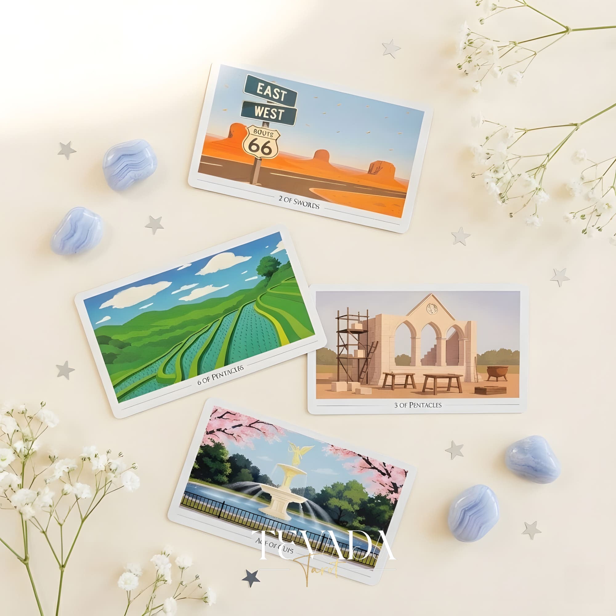 Picturesque Tarot Deck with horizontal healing landscape illustrations for intuitive divination.