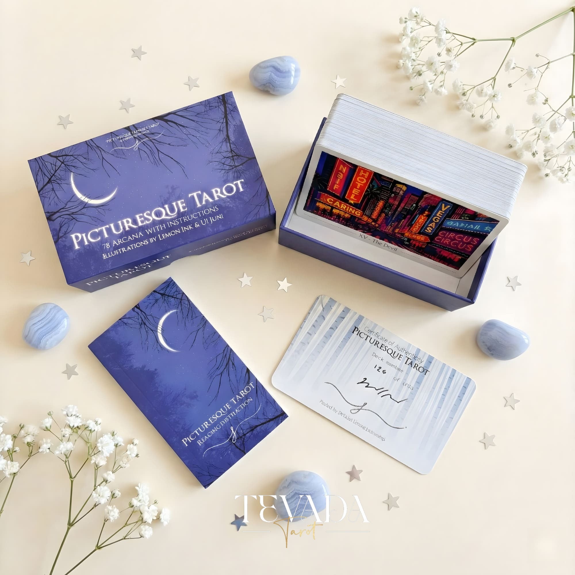 Picturesque Tarot Deck with horizontal healing landscape illustrations for intuitive divination.