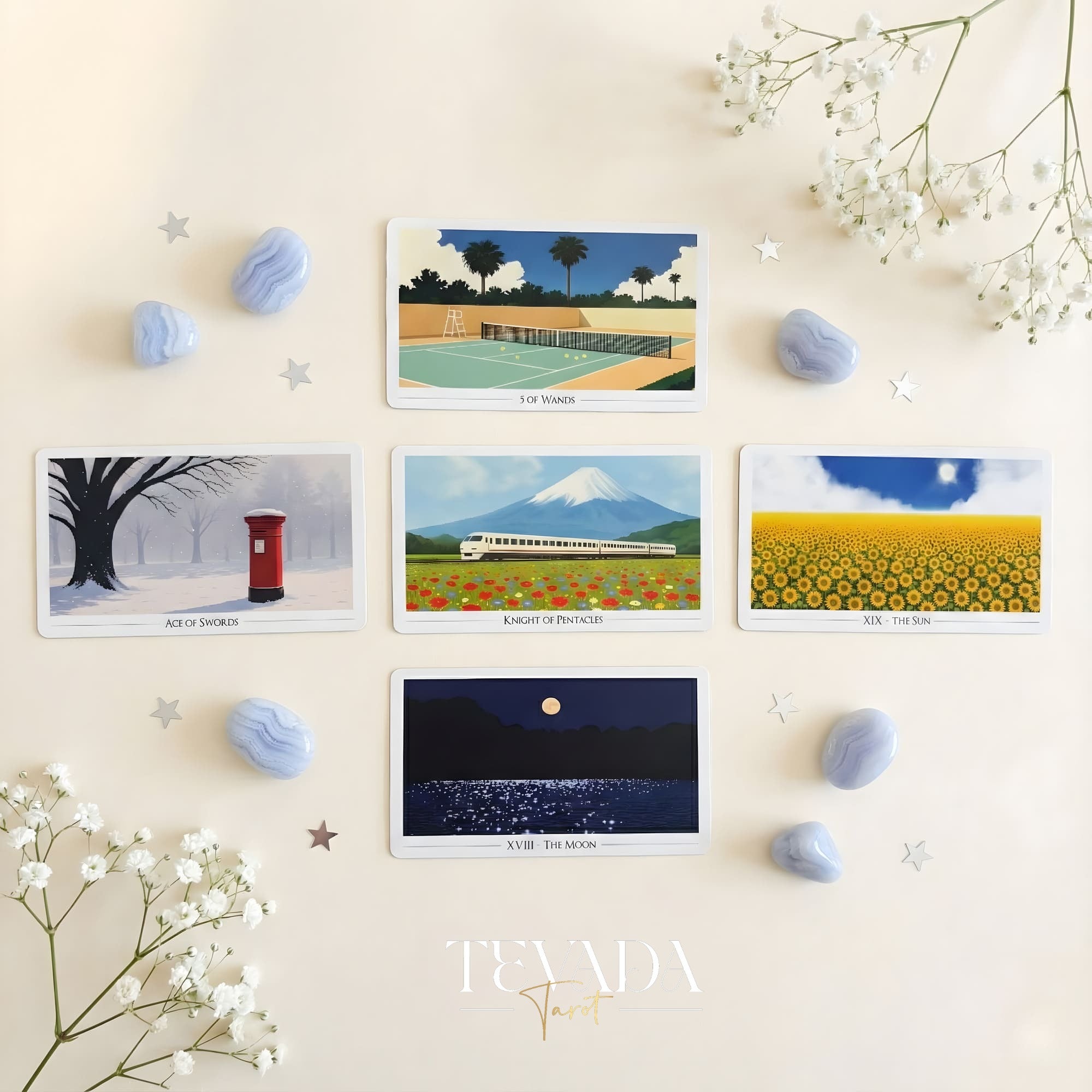 Picturesque Tarot Deck with horizontal healing landscape illustrations for intuitive divination.