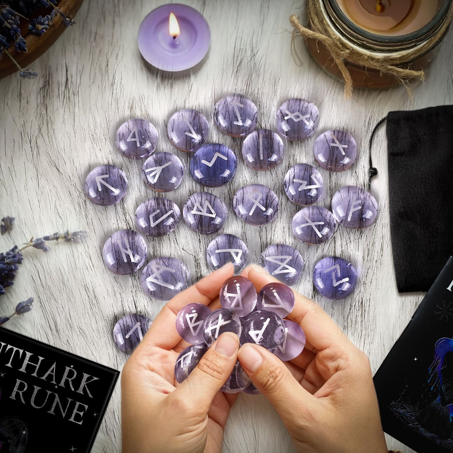Purple Glass Runestone Set in translucent amethyst-colored glaze for divination, meditation, and minimalist altar decor.