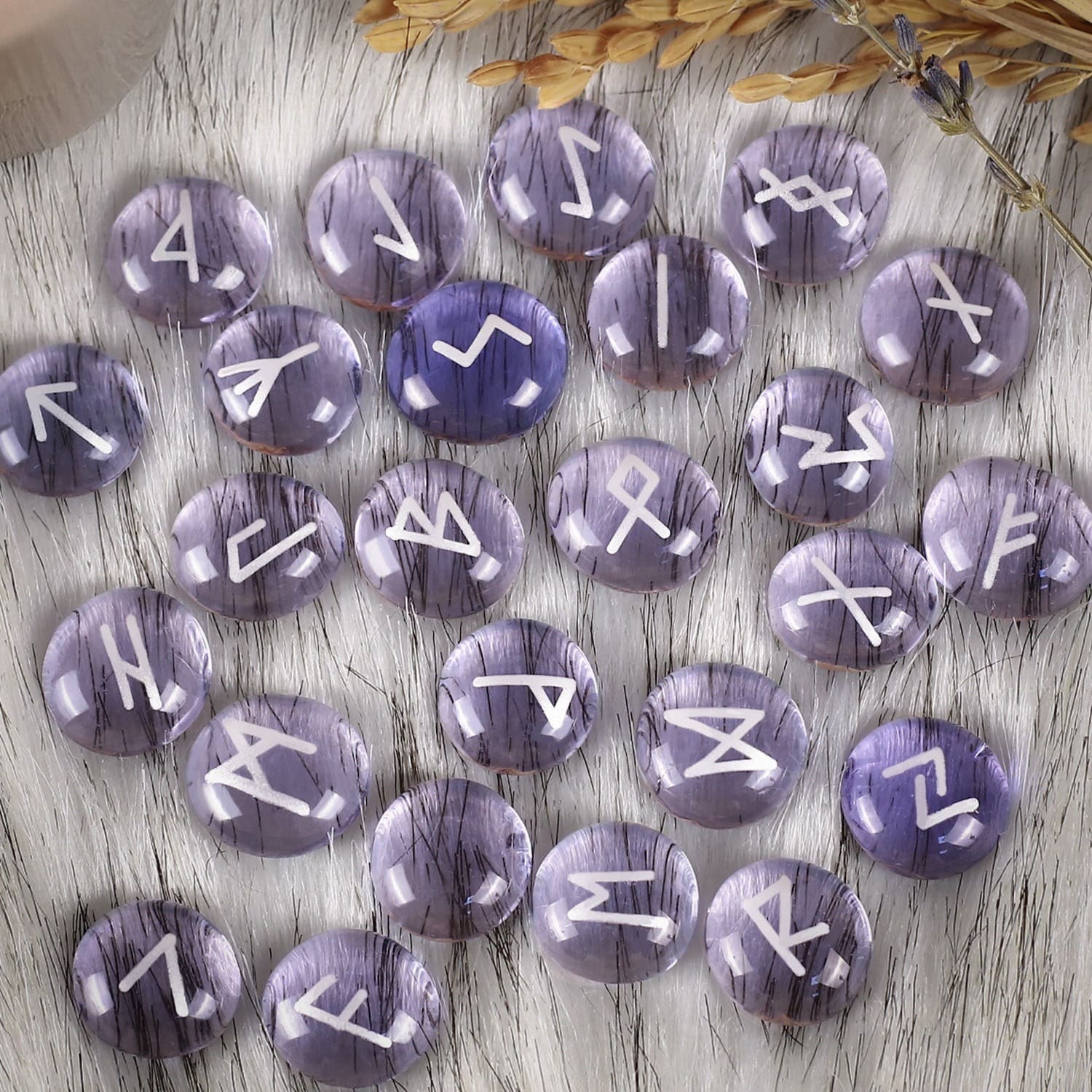 Purple Glass Runestone Set in translucent amethyst-colored glaze for divination, meditation, and minimalist altar decor.