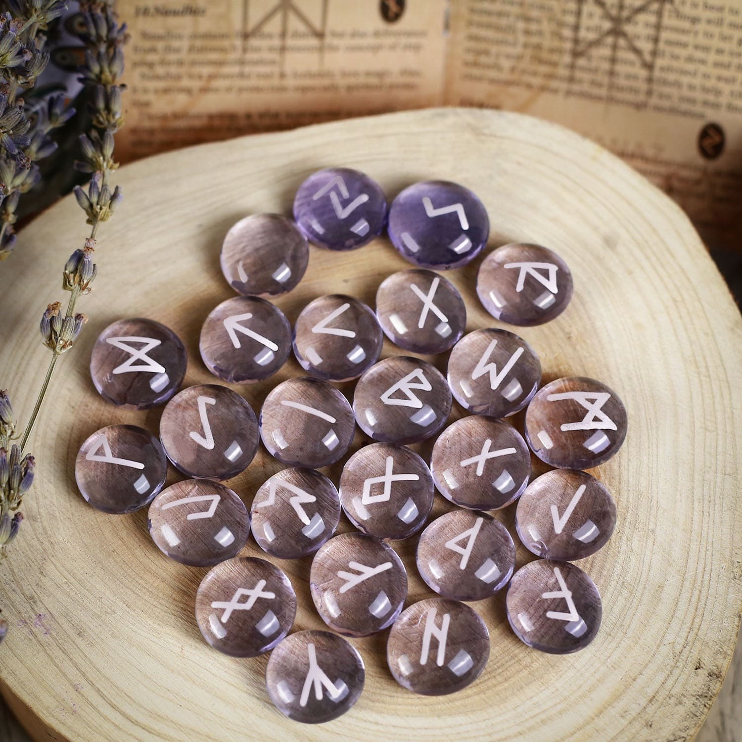 Purple Glass Runestone Set in translucent amethyst-colored glaze for divination, meditation, and minimalist altar decor.