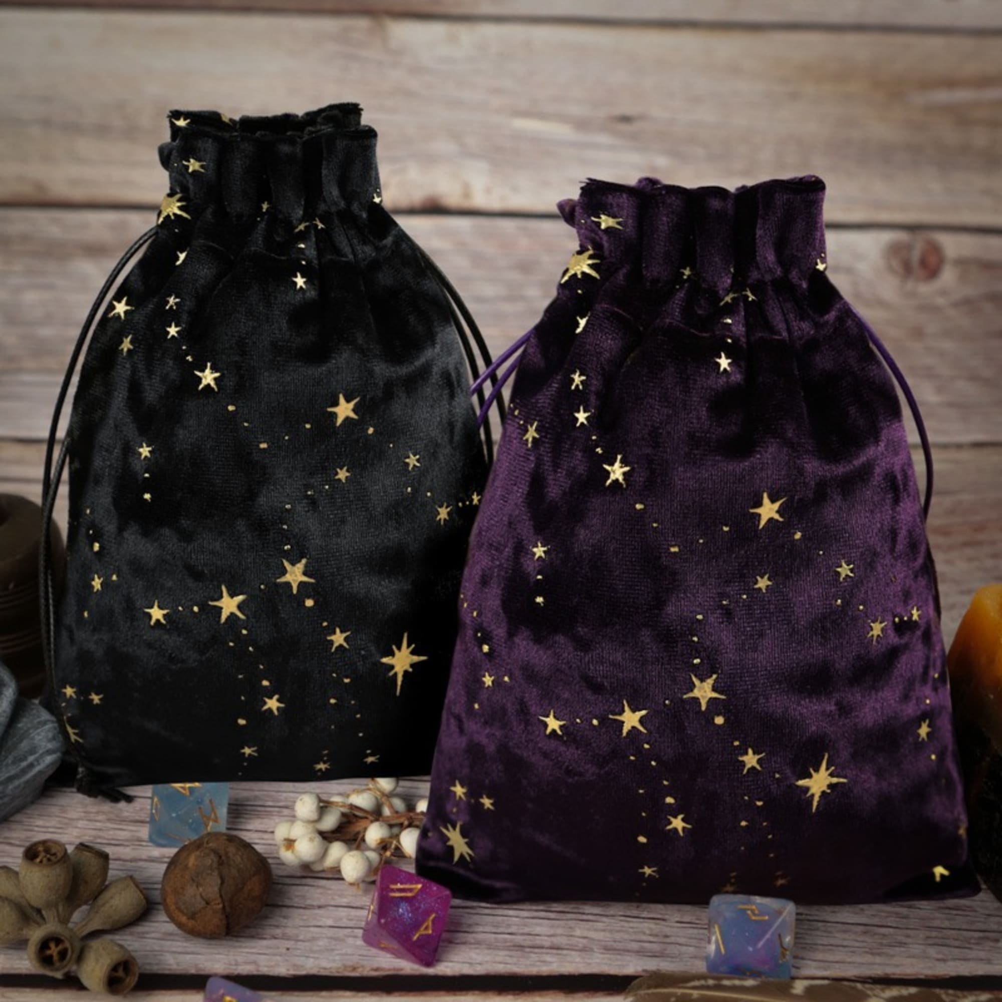 Celestial velvet tarot bag with golden stars for storing tarot decks, pendulums, or crystals. Perfect for Wiccan supplies, Pagan rituals, and spiritual protection on the go.