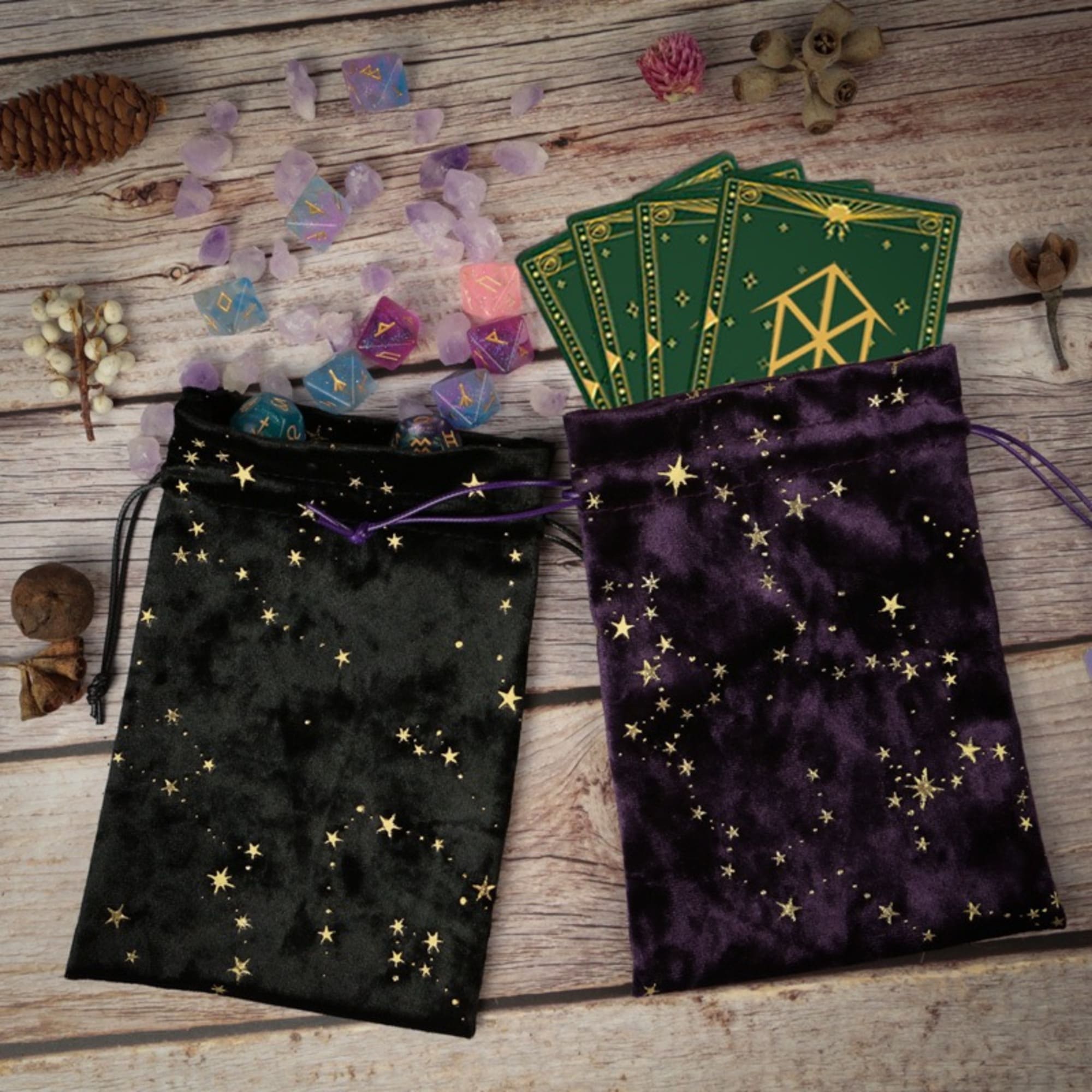 Celestial velvet tarot bag with golden stars for storing tarot decks, pendulums, or crystals. Perfect for Wiccan supplies, Pagan rituals, and spiritual protection on the go.