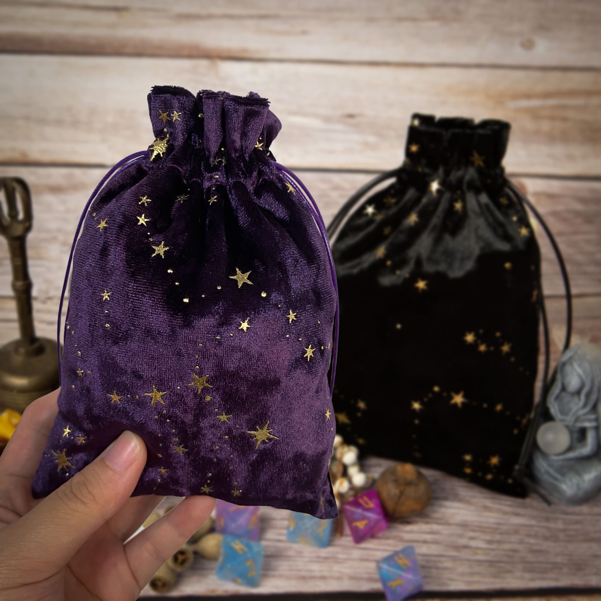 Celestial velvet tarot bag with golden stars for storing tarot decks, pendulums, or crystals. Perfect for Wiccan supplies, Pagan rituals, and spiritual protection on the go.