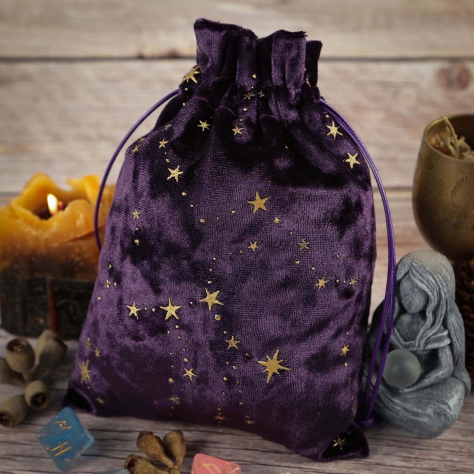 Celestial velvet tarot bag with golden stars for storing tarot decks, pendulums, or crystals. Perfect for Wiccan supplies, Pagan rituals, and spiritual protection on the go.