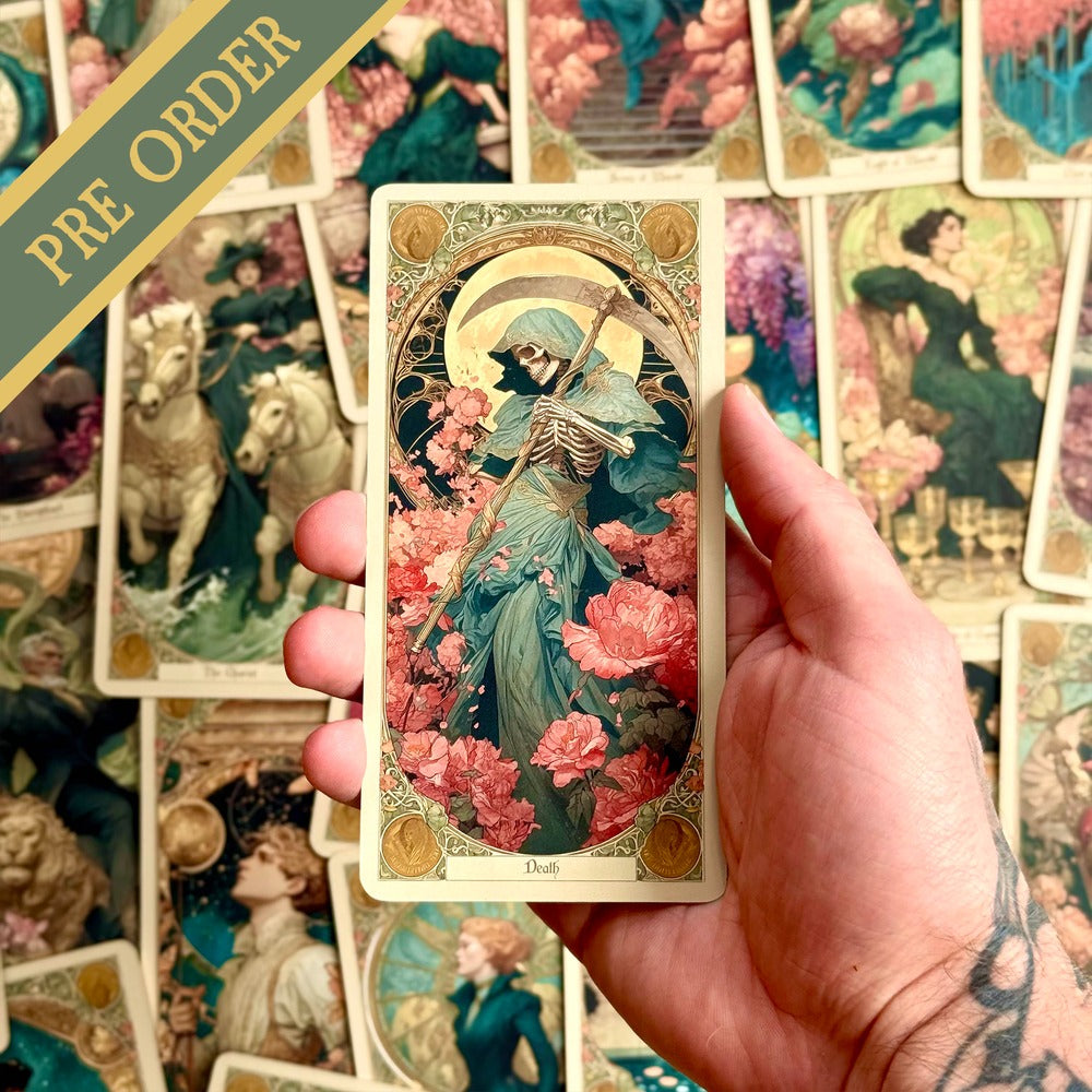 Elysian Shadows Victorian Art Nouveau gold foil tarot deck in keepsake box, for shadow work and intuitive reading.