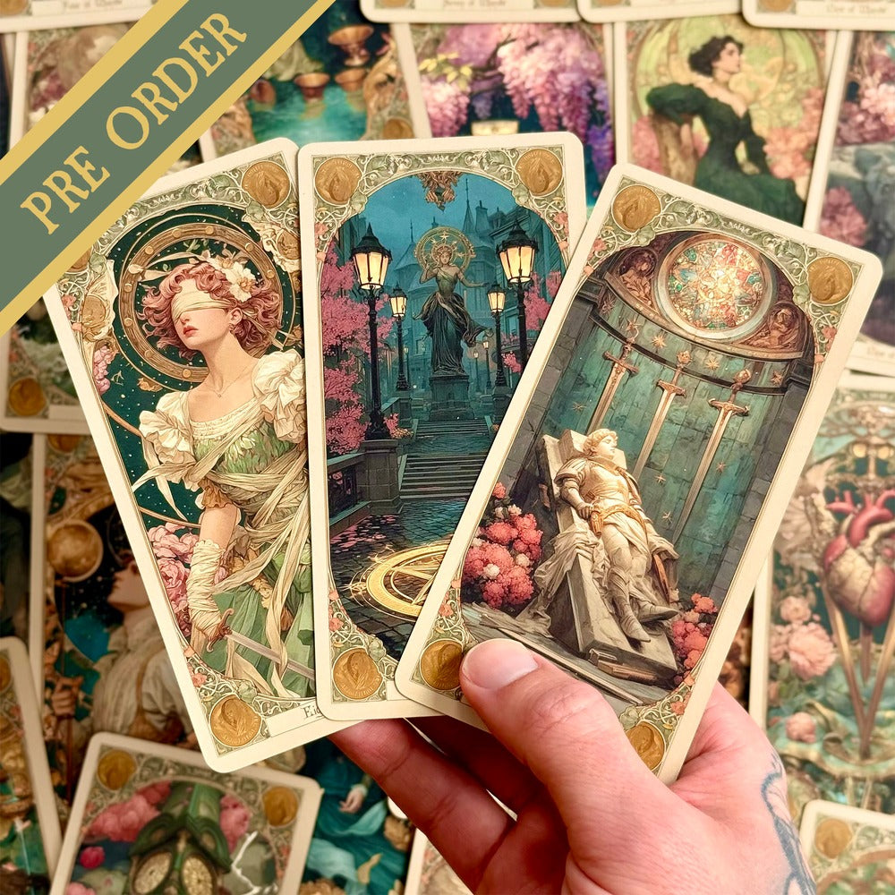 Elysian Shadows Victorian Art Nouveau gold foil tarot deck in keepsake box, for shadow work and intuitive reading.